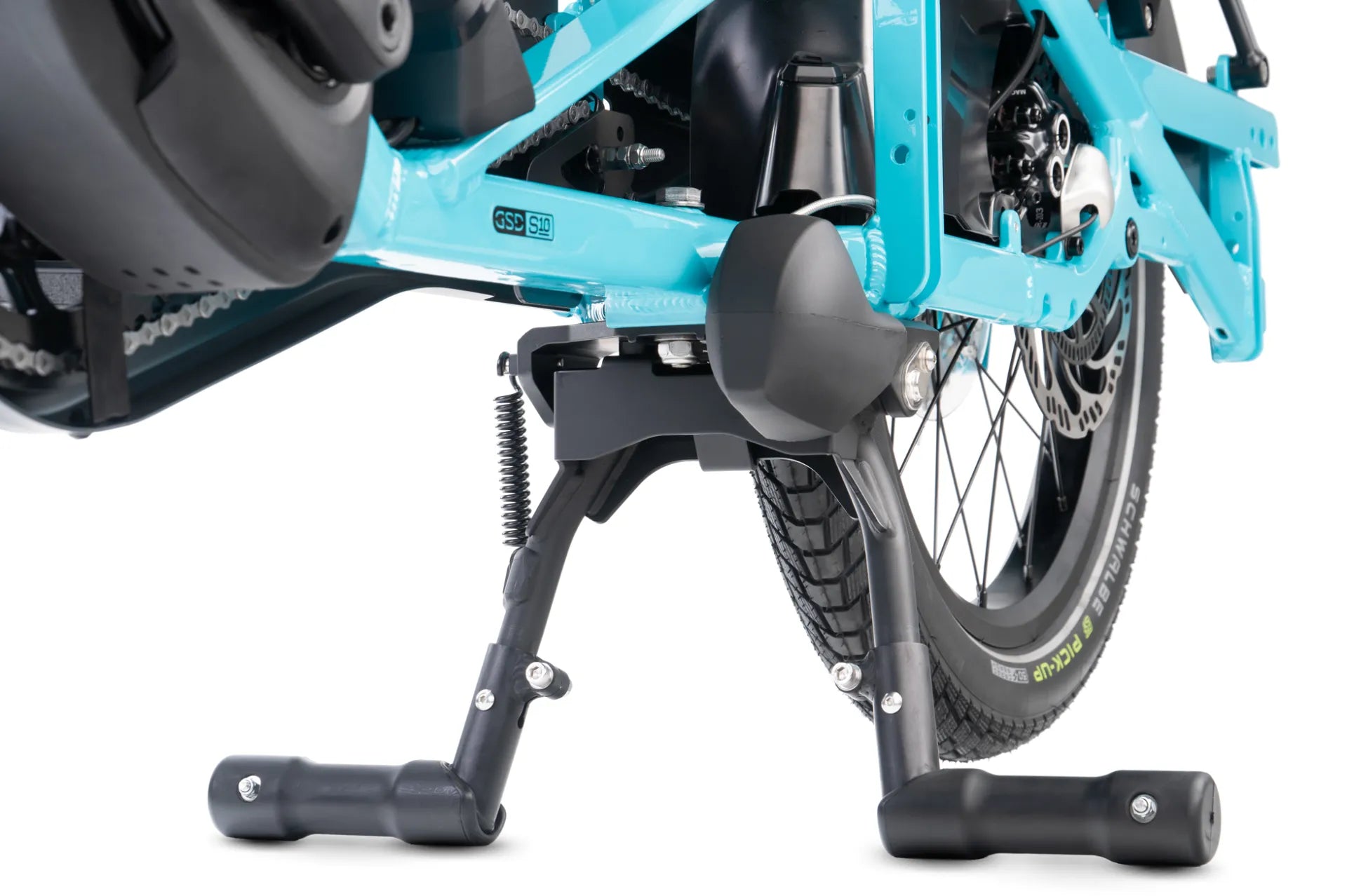 Close-up of a blue electric bike with a focus on the bike stand.