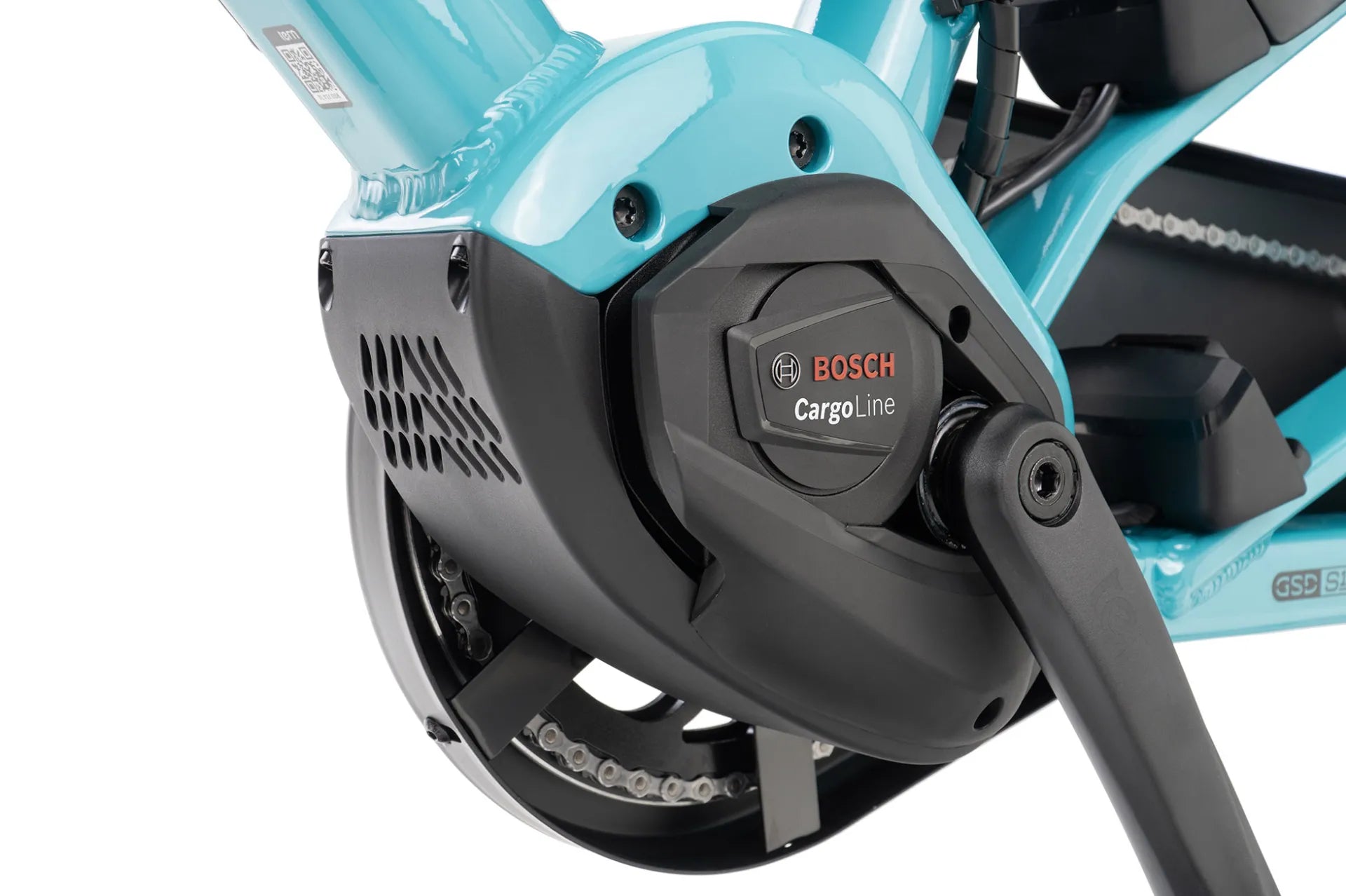Close-up of a Bosch Cargo Line electric cargo bike motor on a white background