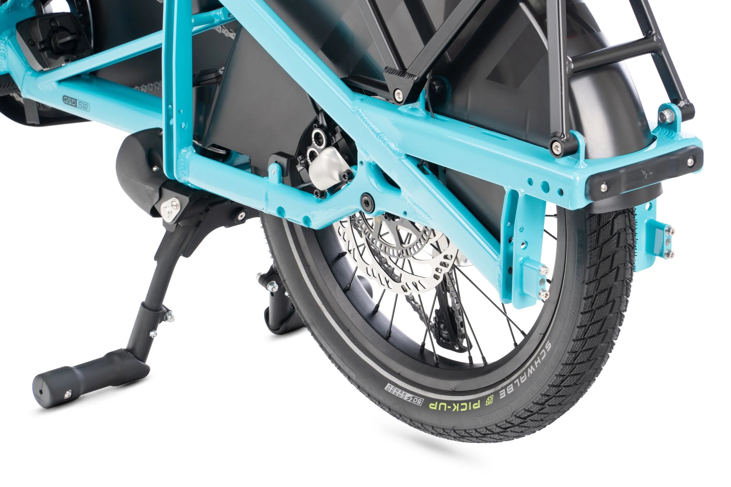Close-up of a blue electric bike frame with a white background