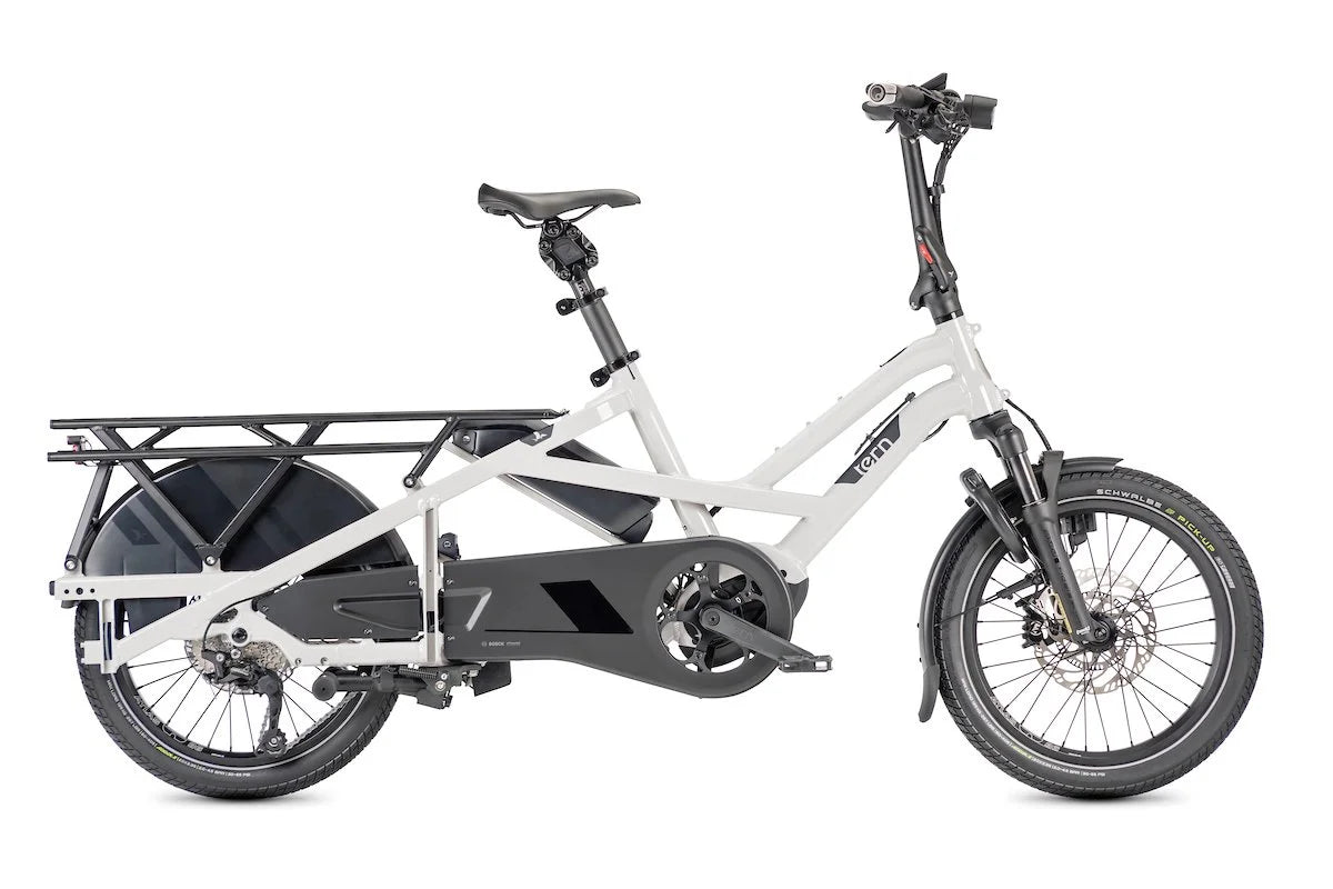 White Tern electric bicycle with cargo rack on a white background