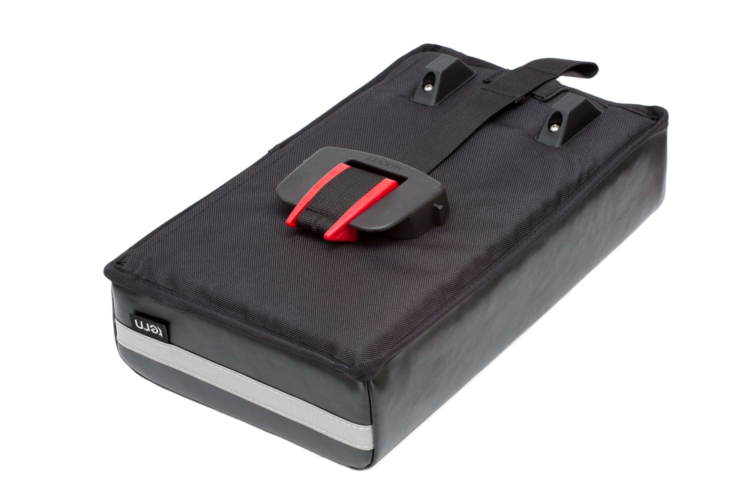 Black bike saddle padding with a red strap on a white background