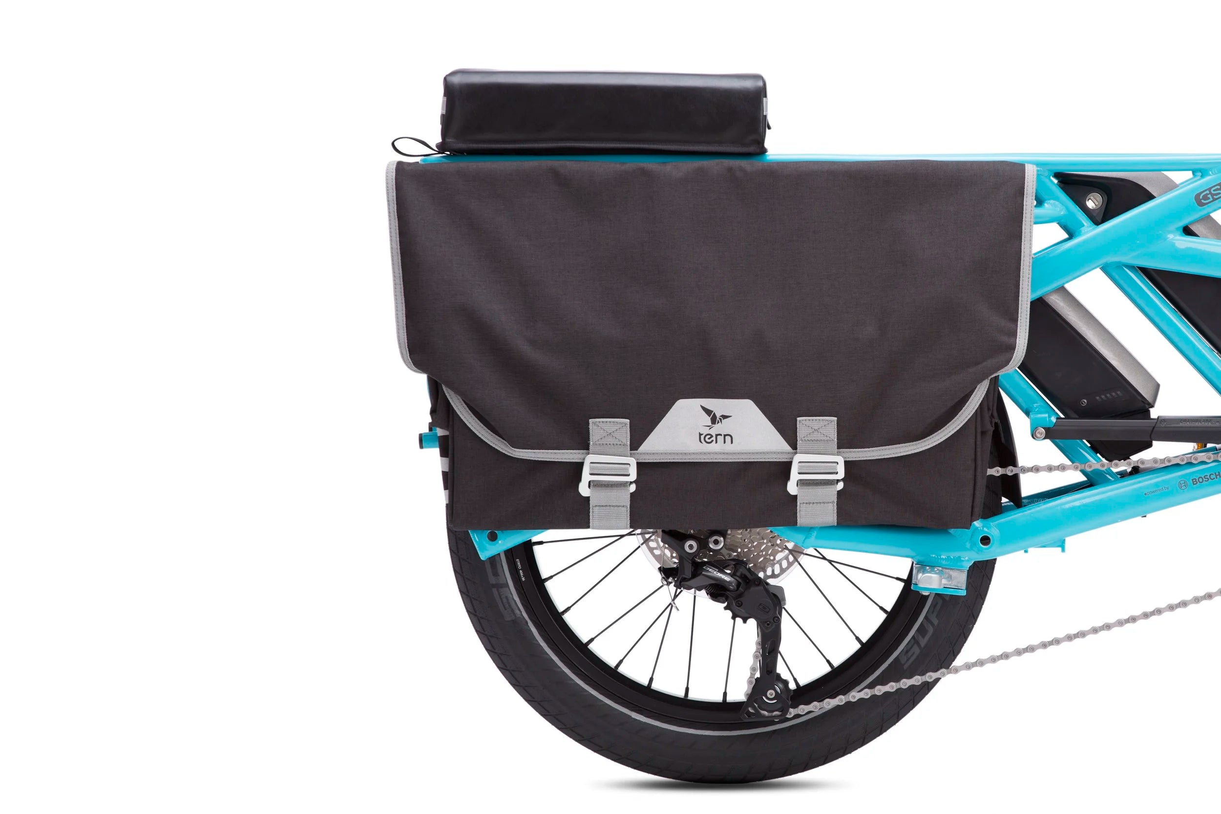 Bicycle with black rear cargo bag on a white background
