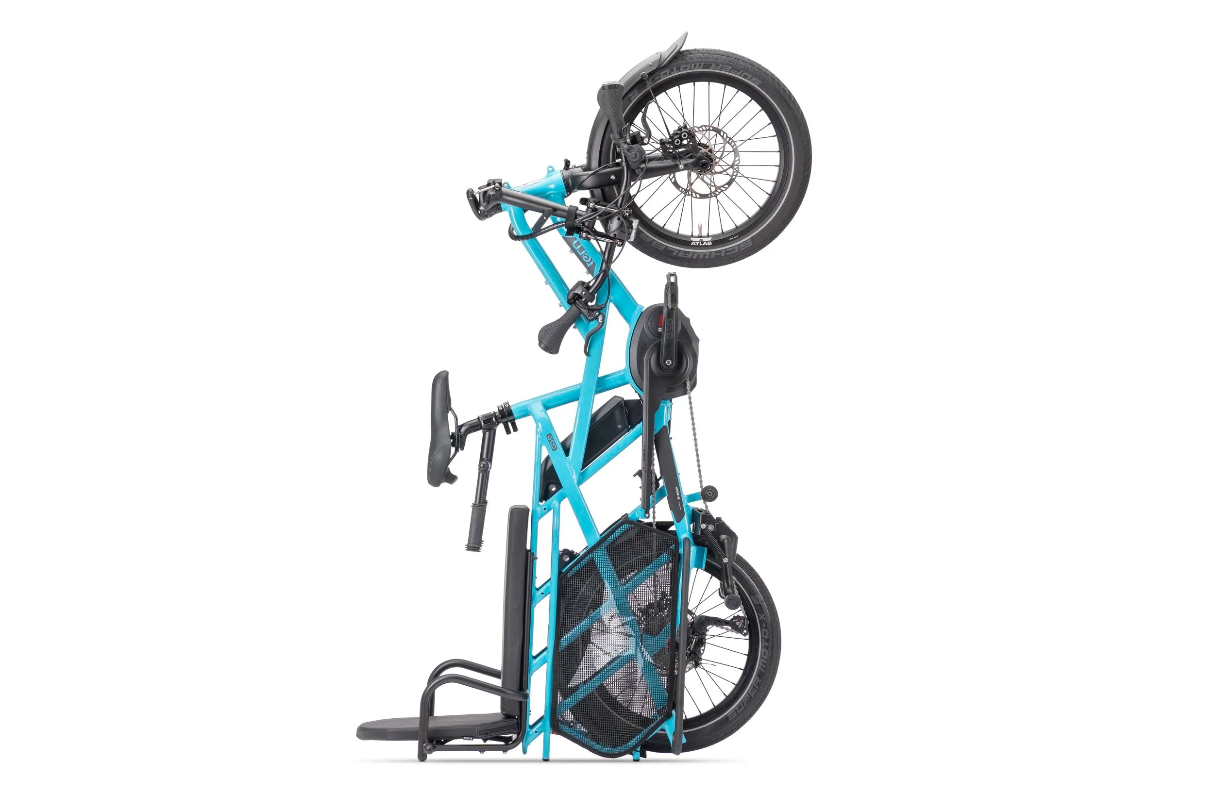 Blue bike rack with a folded bicycle on a white background