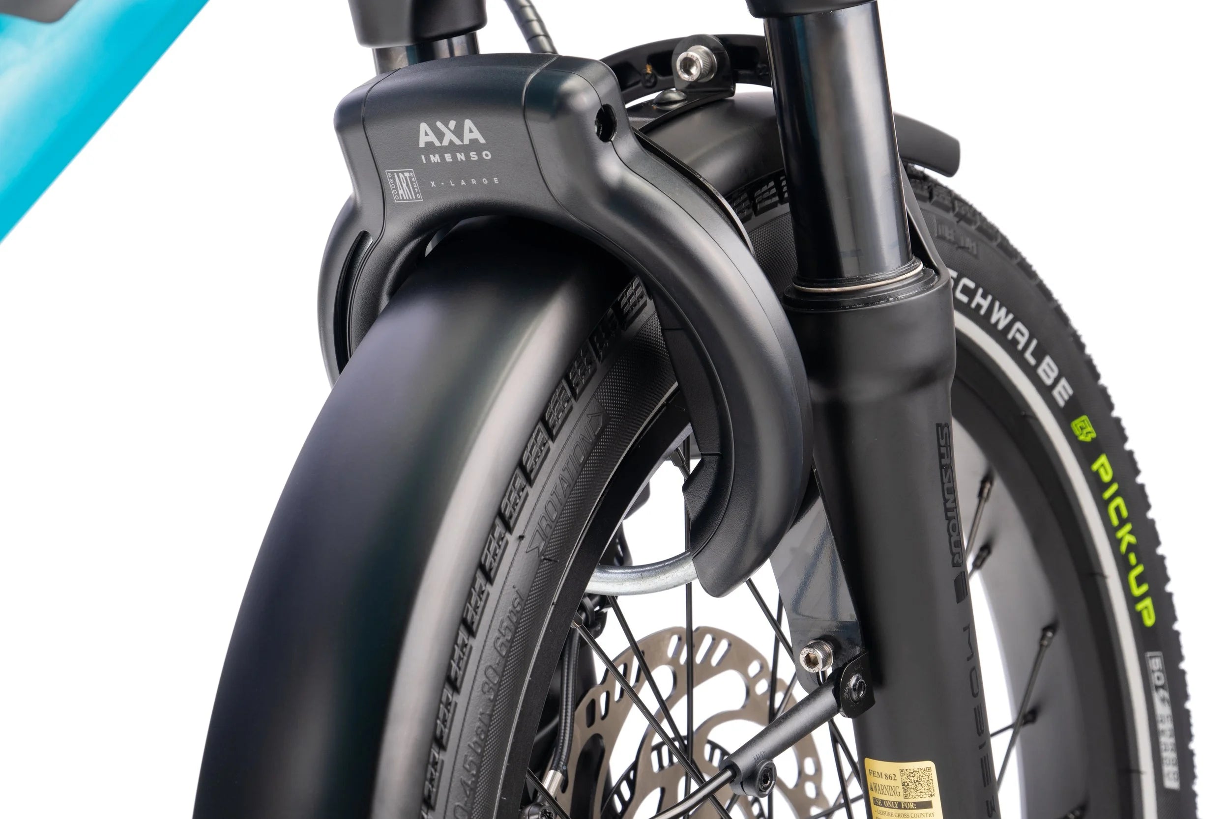 Close-up of a cargo bicycle wheel with AXA lock and Schwalbe tyre on a white background