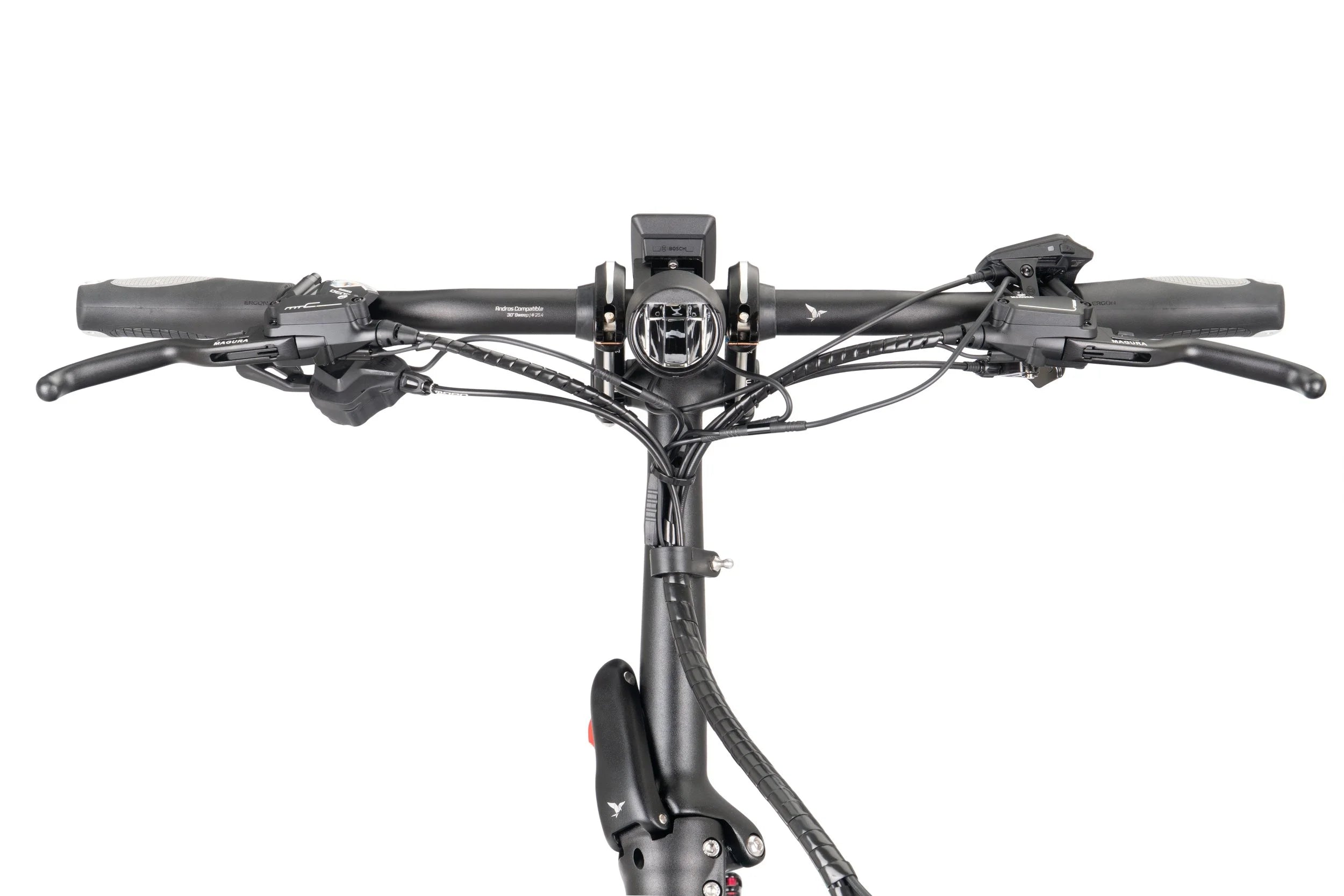Close-up of a bicycle handlebar with various components on a white background