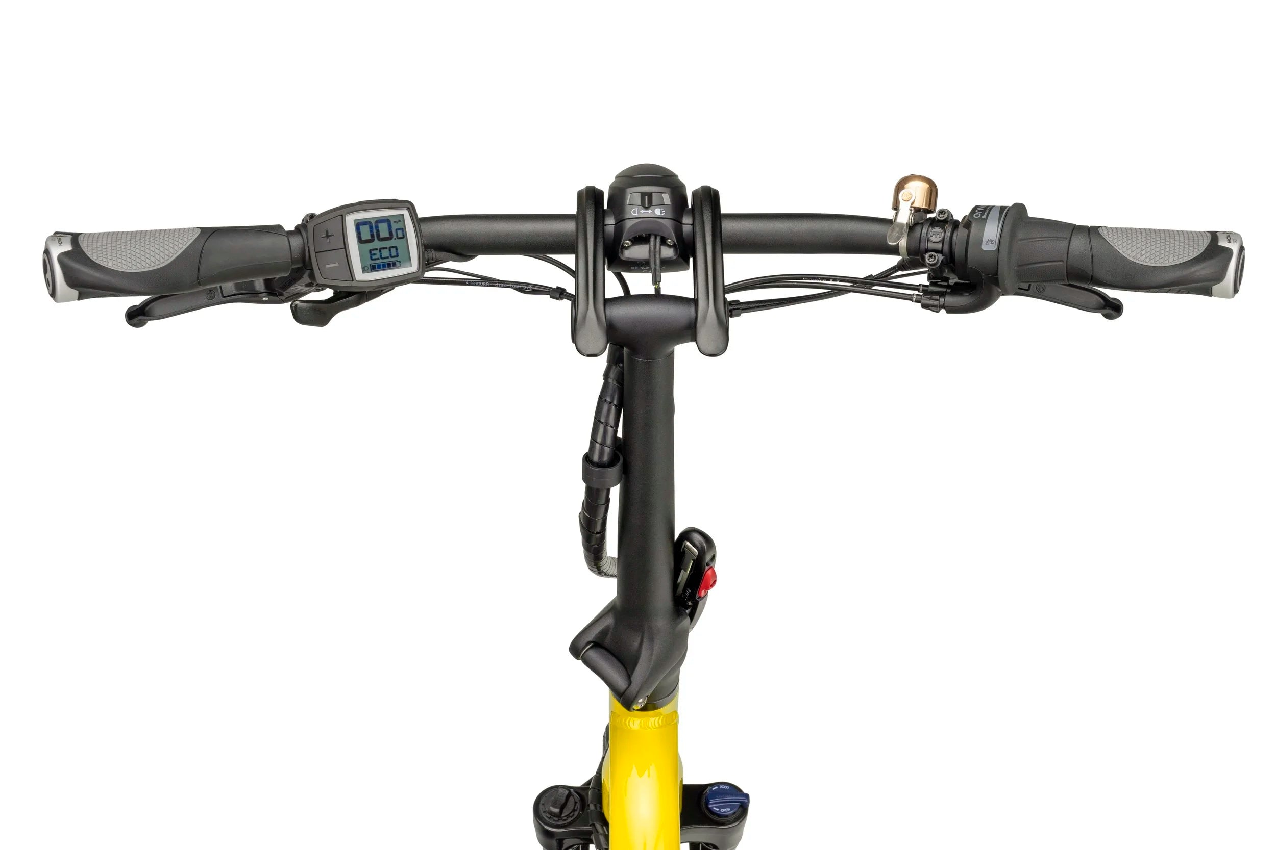Close-up of a Tern bicycle handlebar with control buttons on a white background