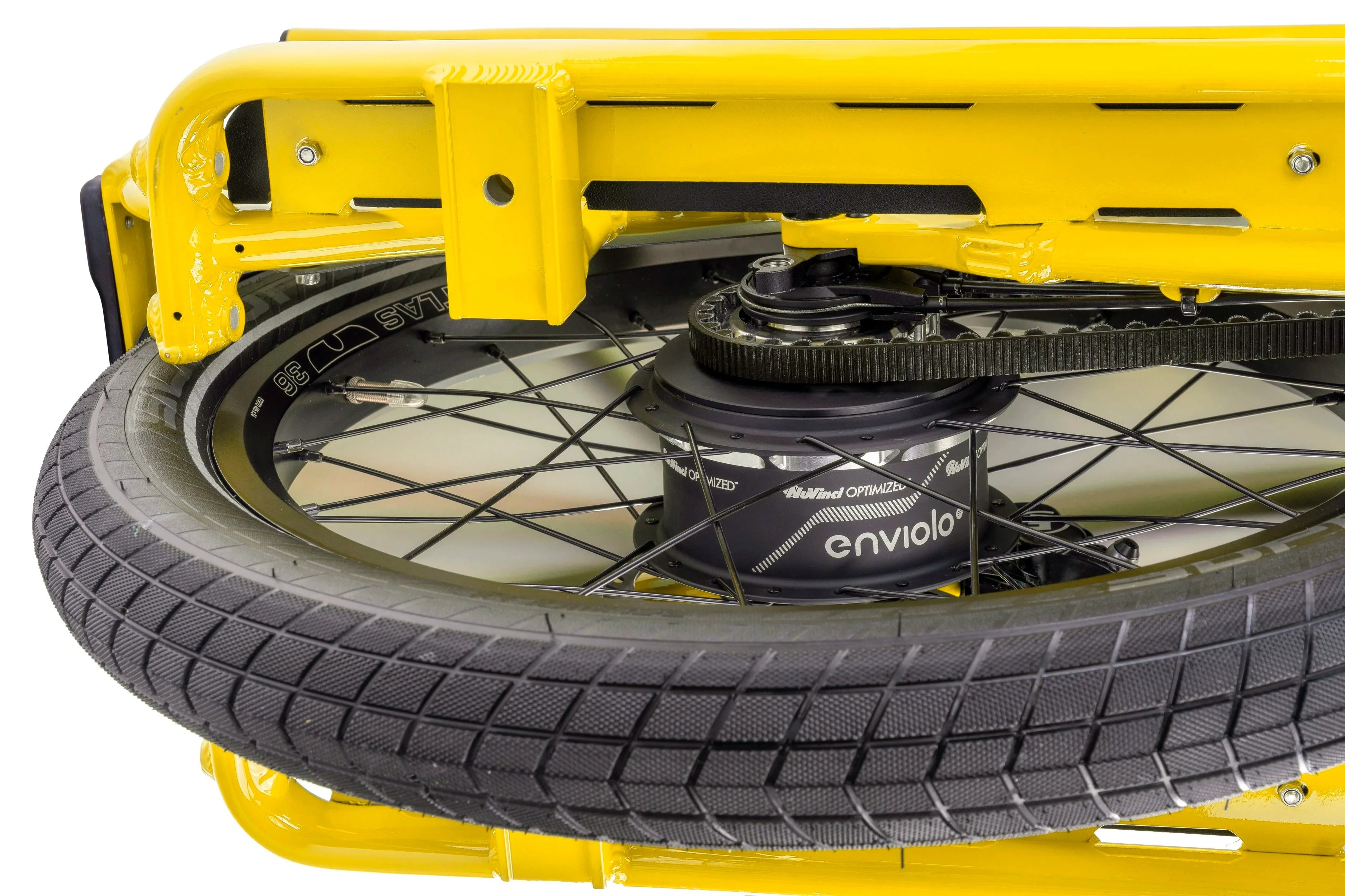 Close-up of a yellow bike frame with a wheel and black tire