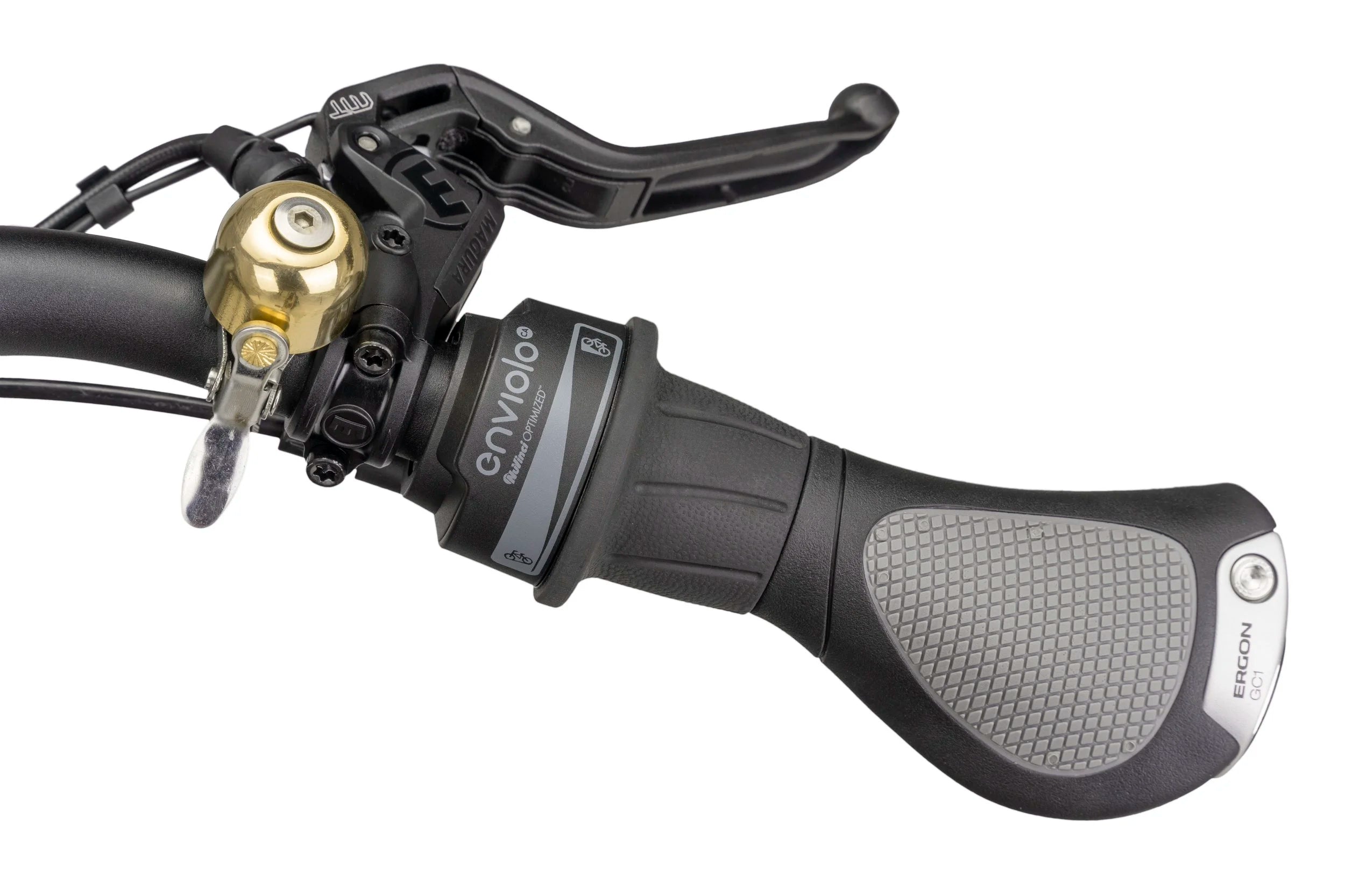Bicycle grip with Enviro shifter and brake lever and a gold color bell on a Tern bicycle.