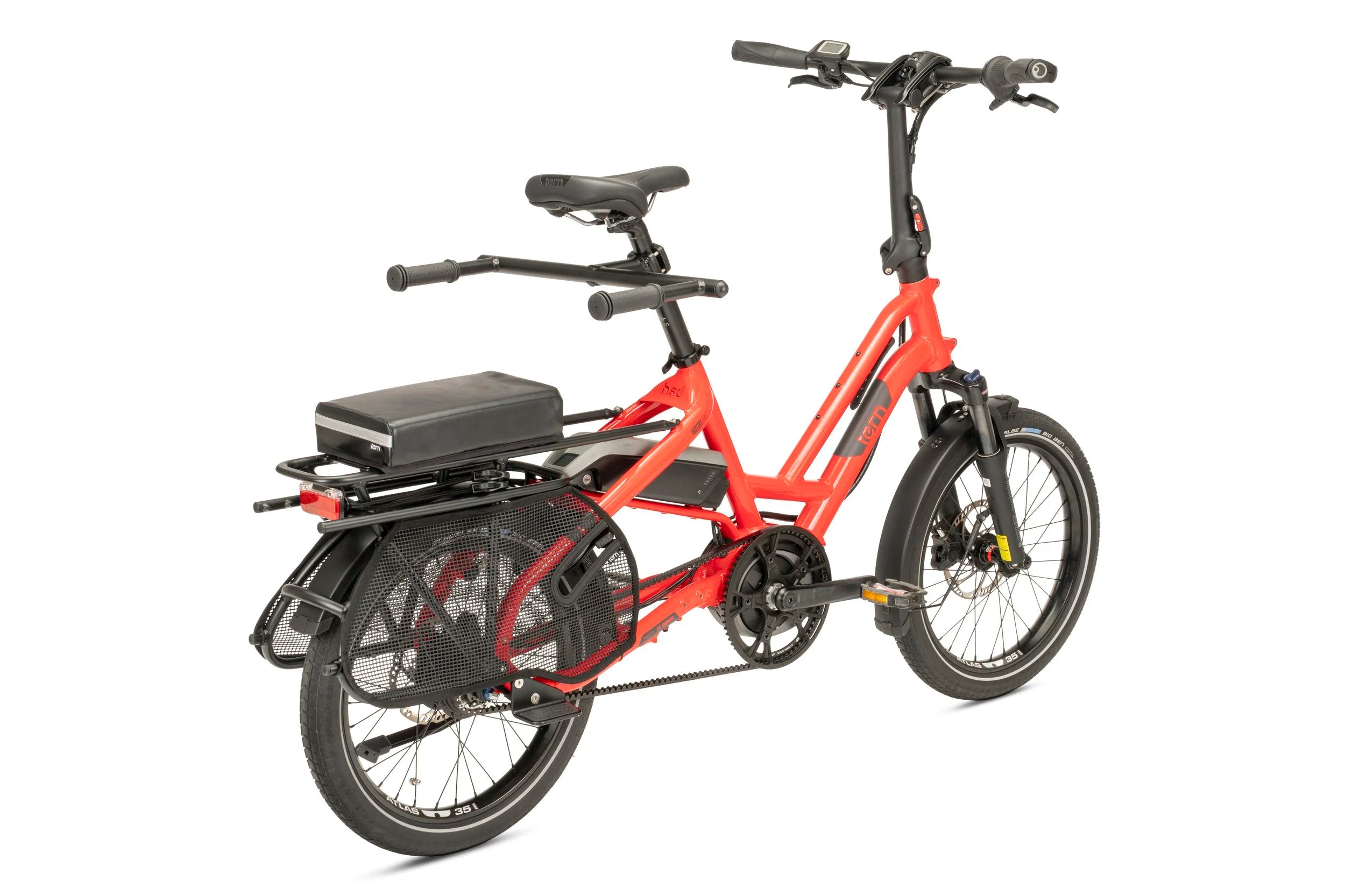 Red electric bike with black seat and components on a white background
