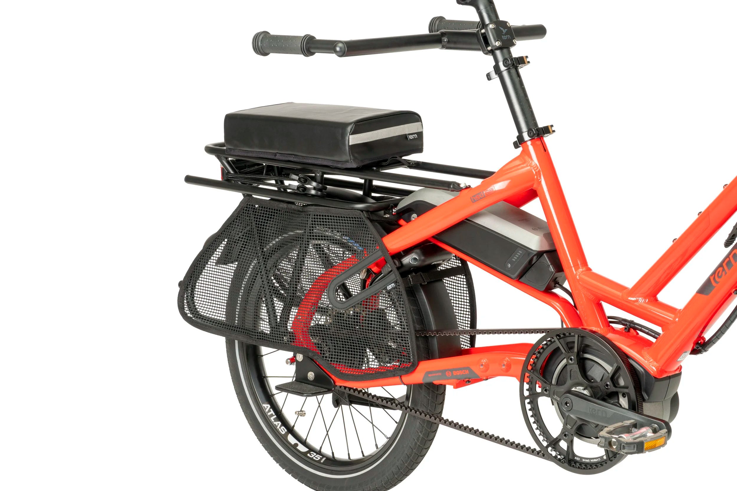 Orange electric bike with storage compartments on a white background