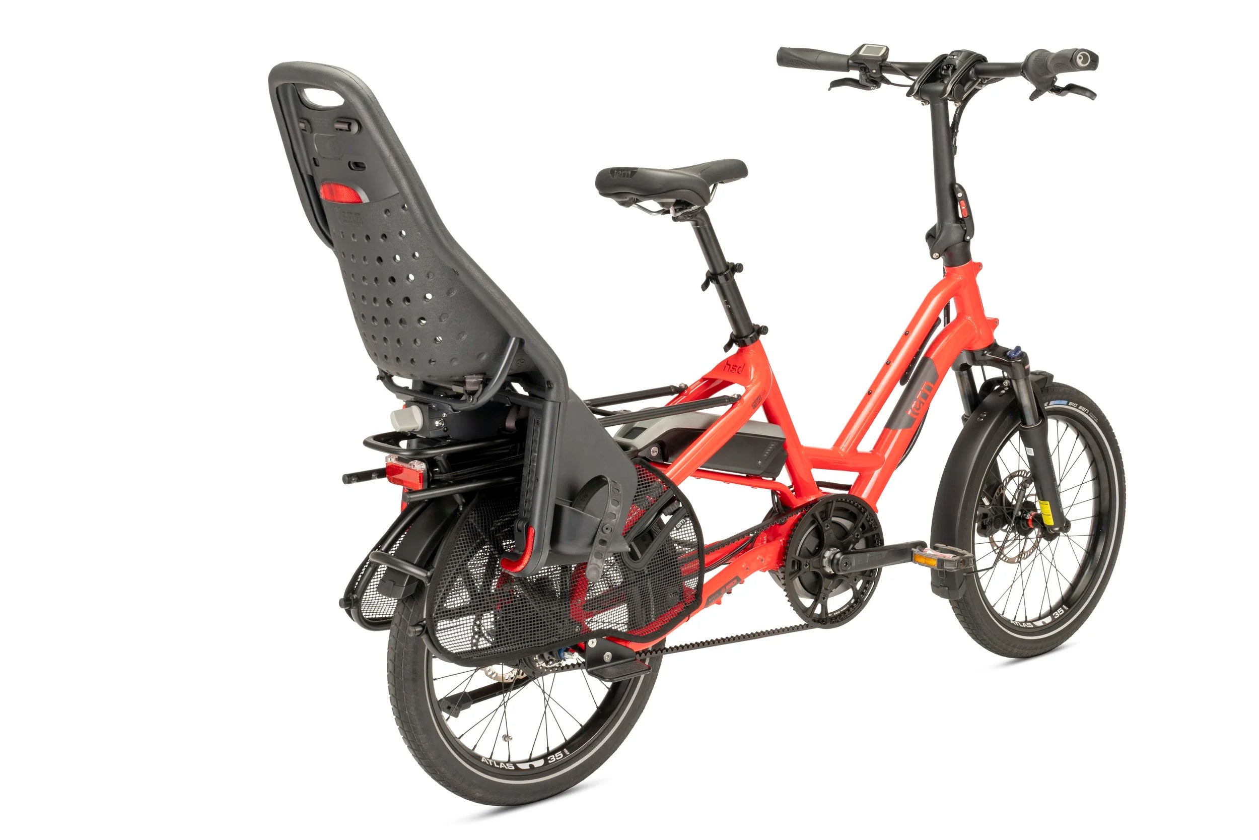 Red bicycle with a black seat and rear rack on a white background