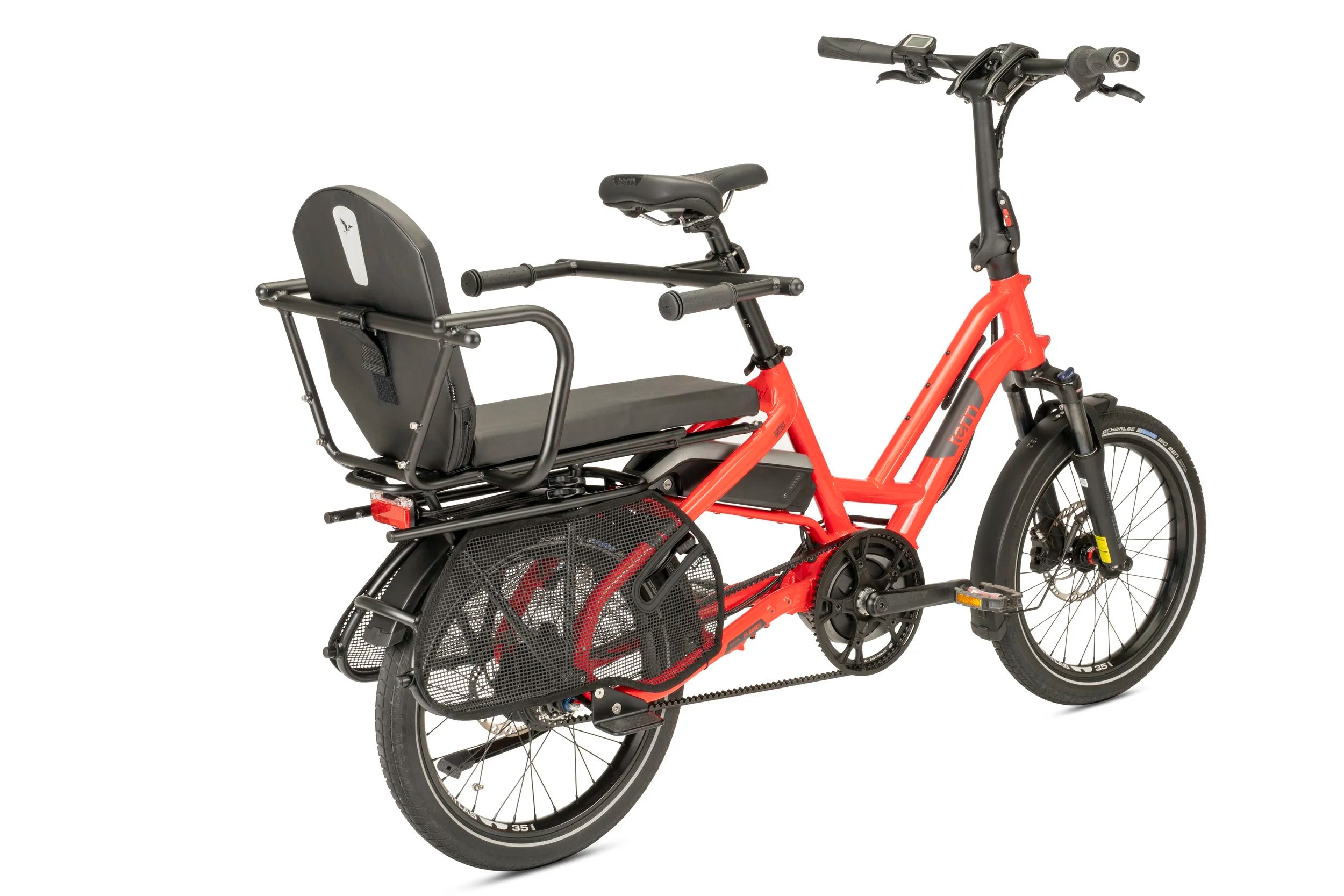 Red electric bike with a child seat on a white background