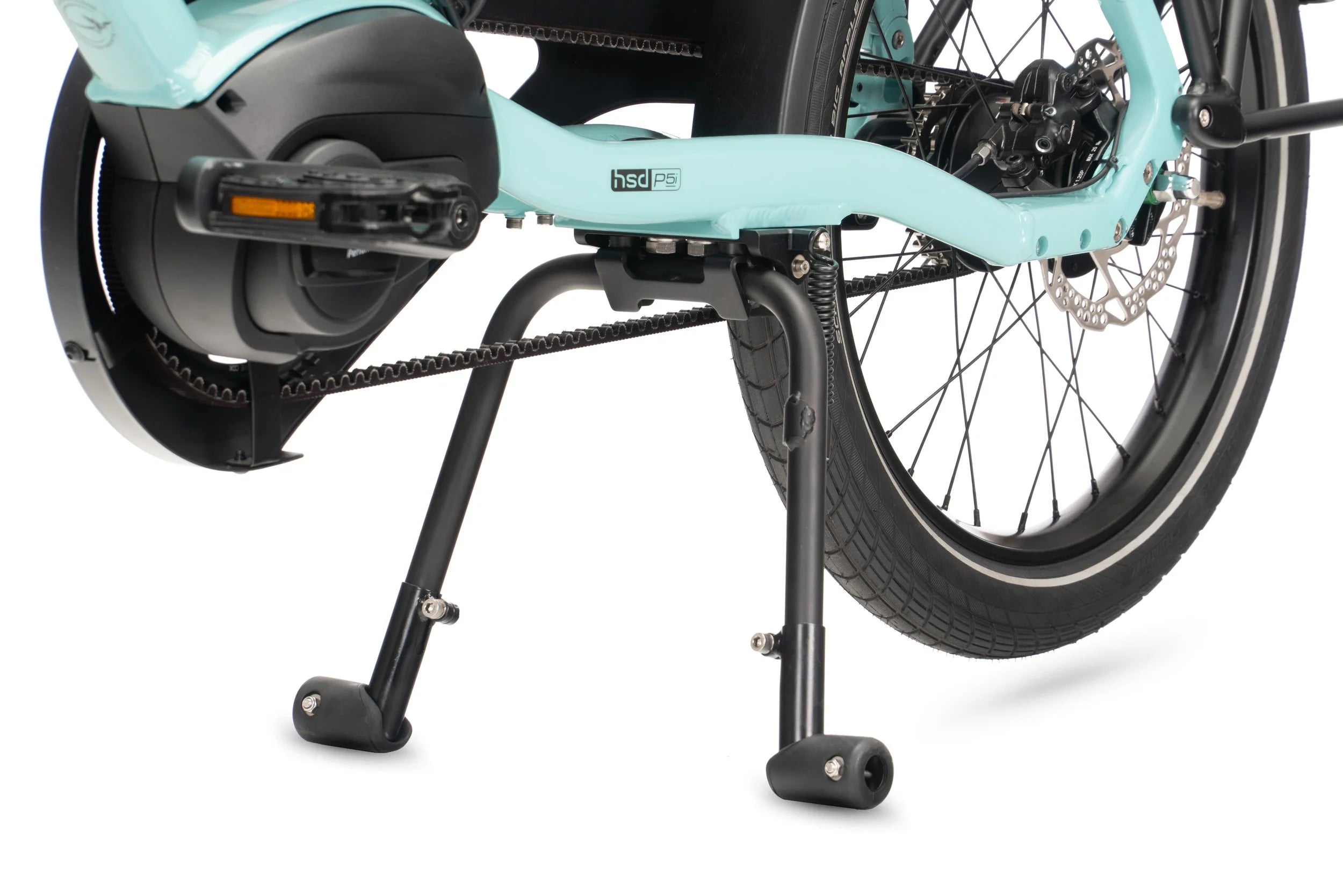 Close-up of a teal electric bike with a stand on a white background