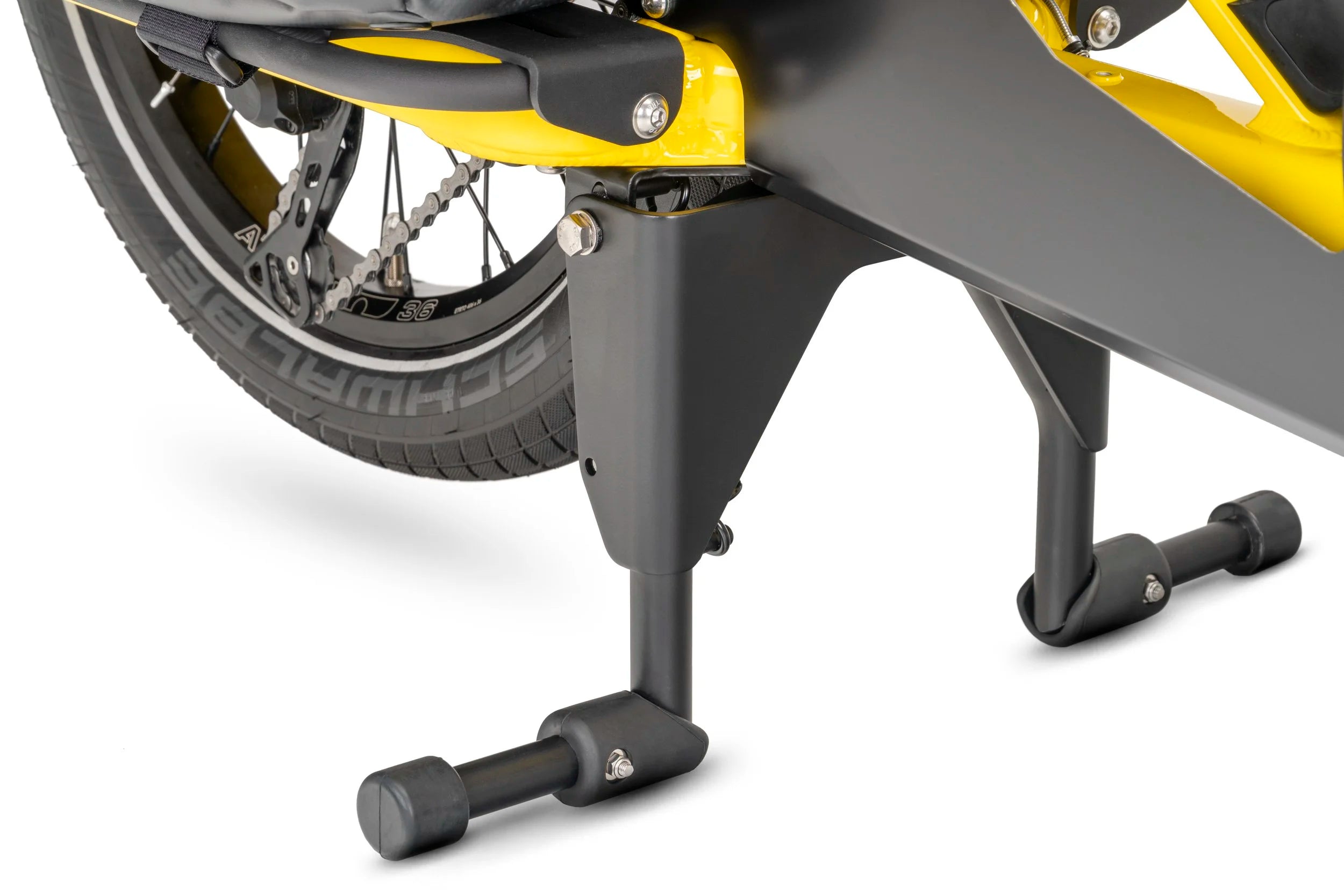 A close-up image of a Tern cargo bike's kickstand.
