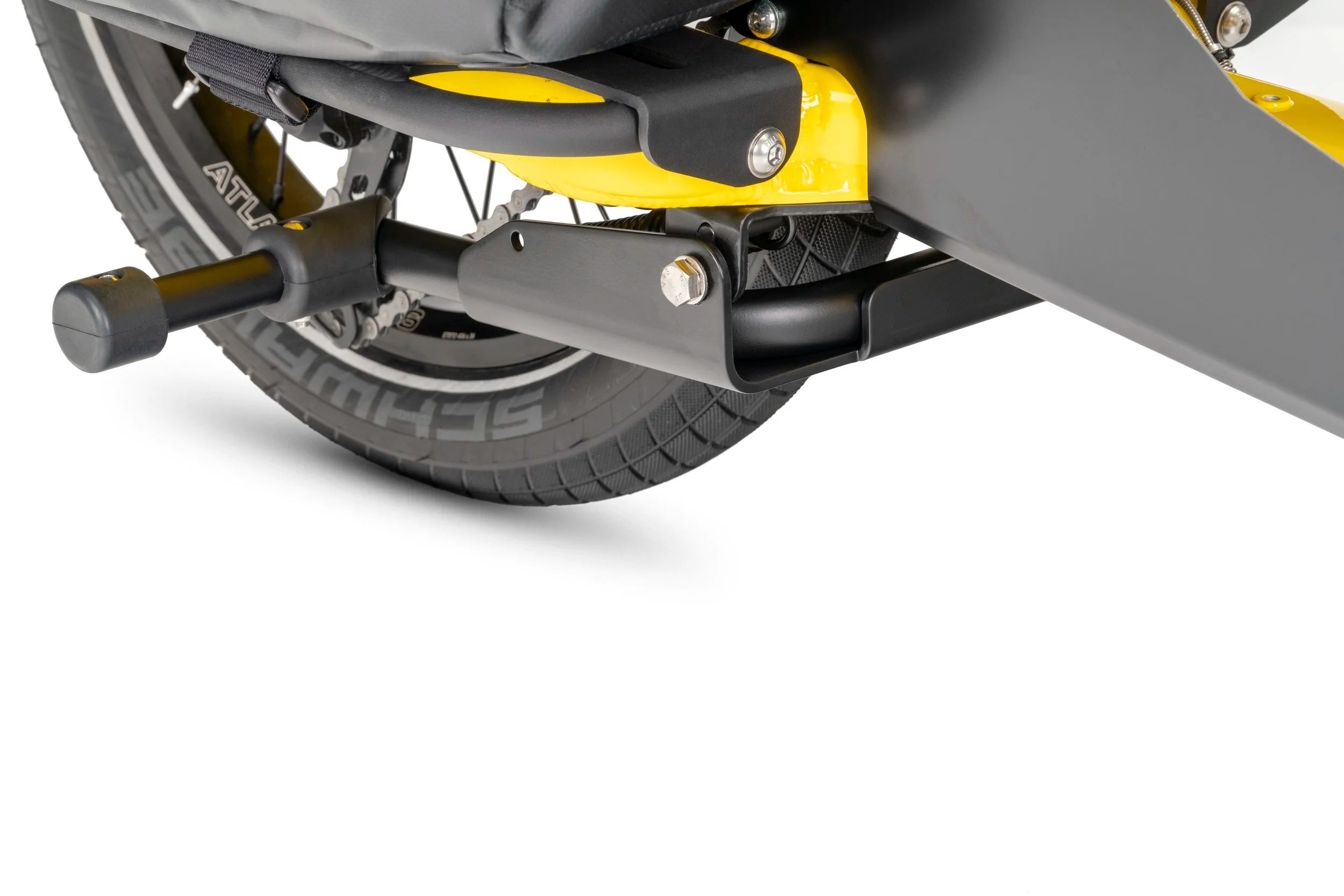 A Tern cargo bike's kickstand in a folded up position.