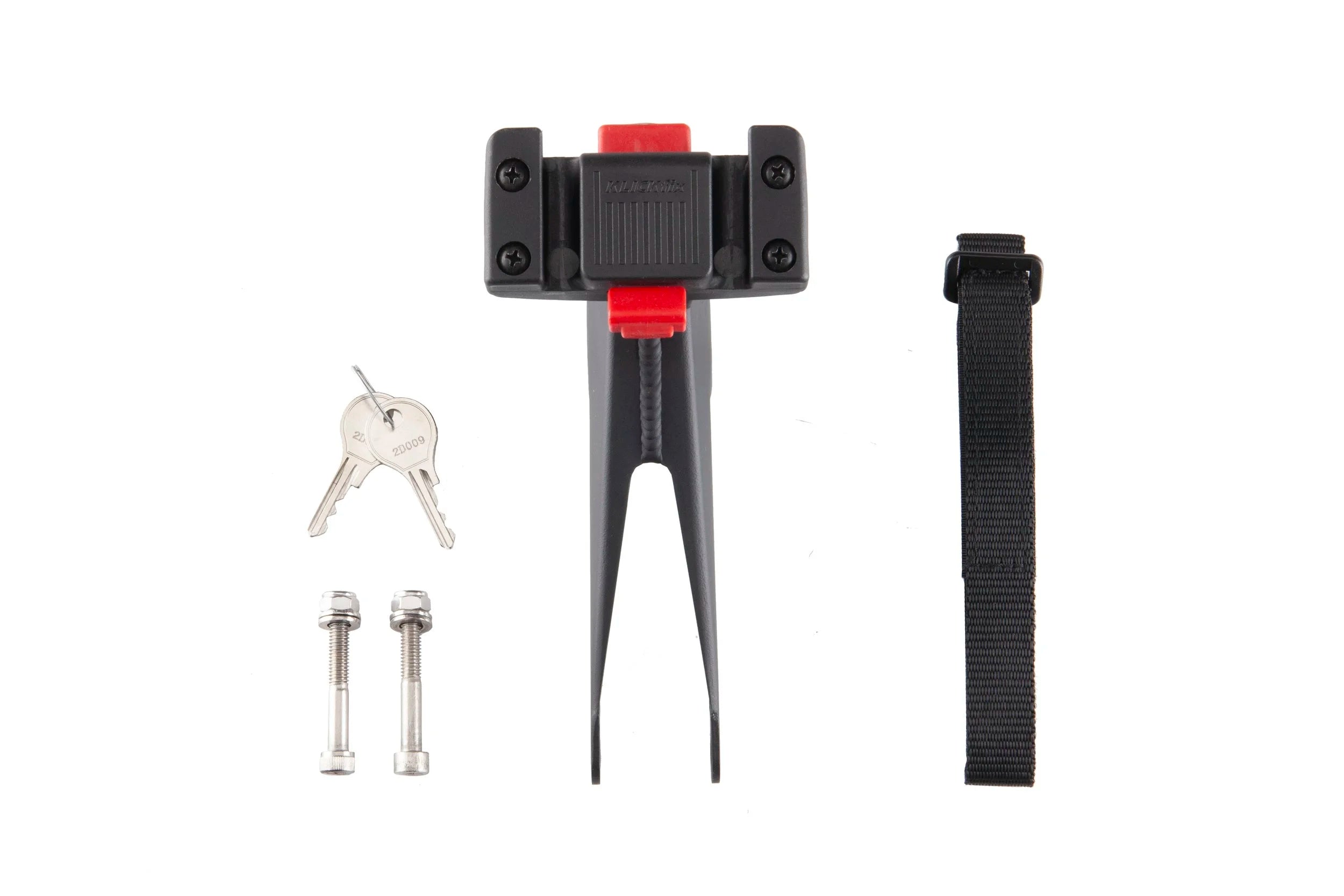 Mounting device with keys and straps on a white background