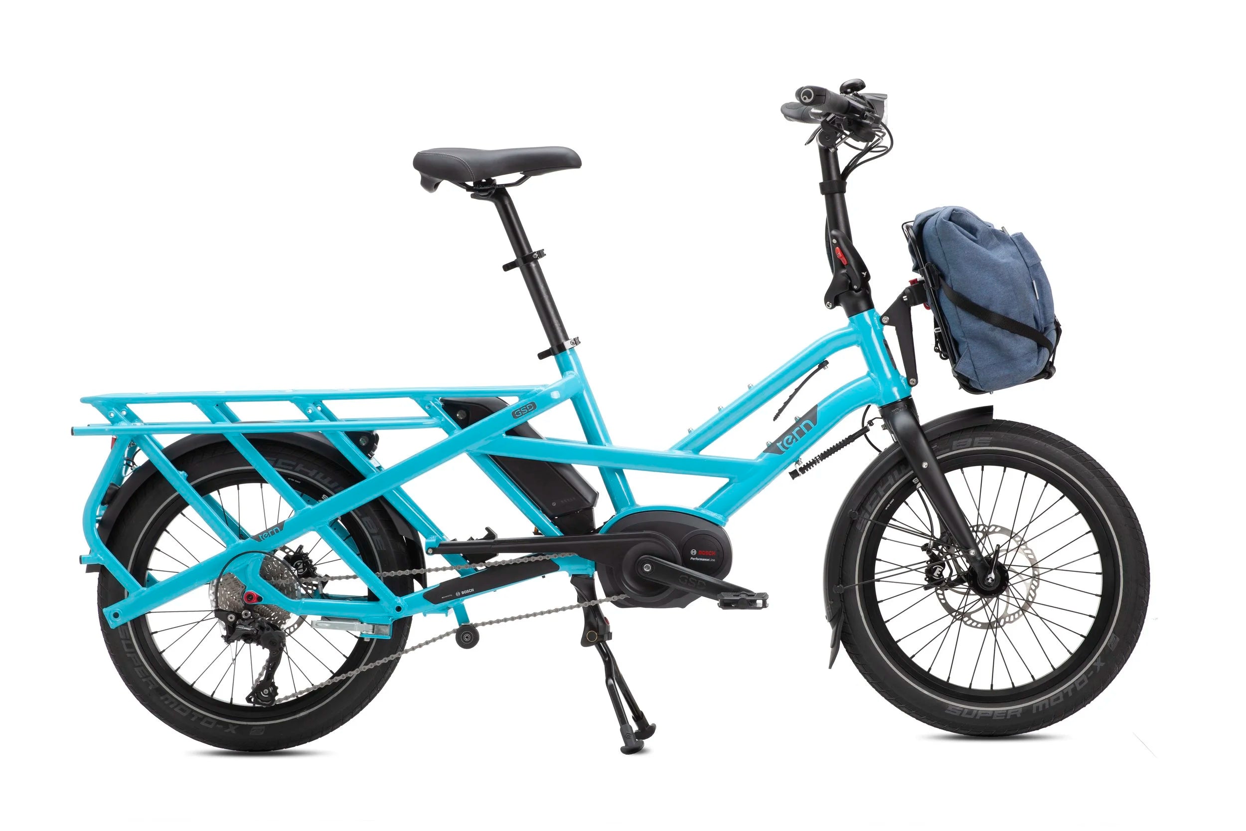 Blue cargo bike with a black seat and blue backpack on a white background