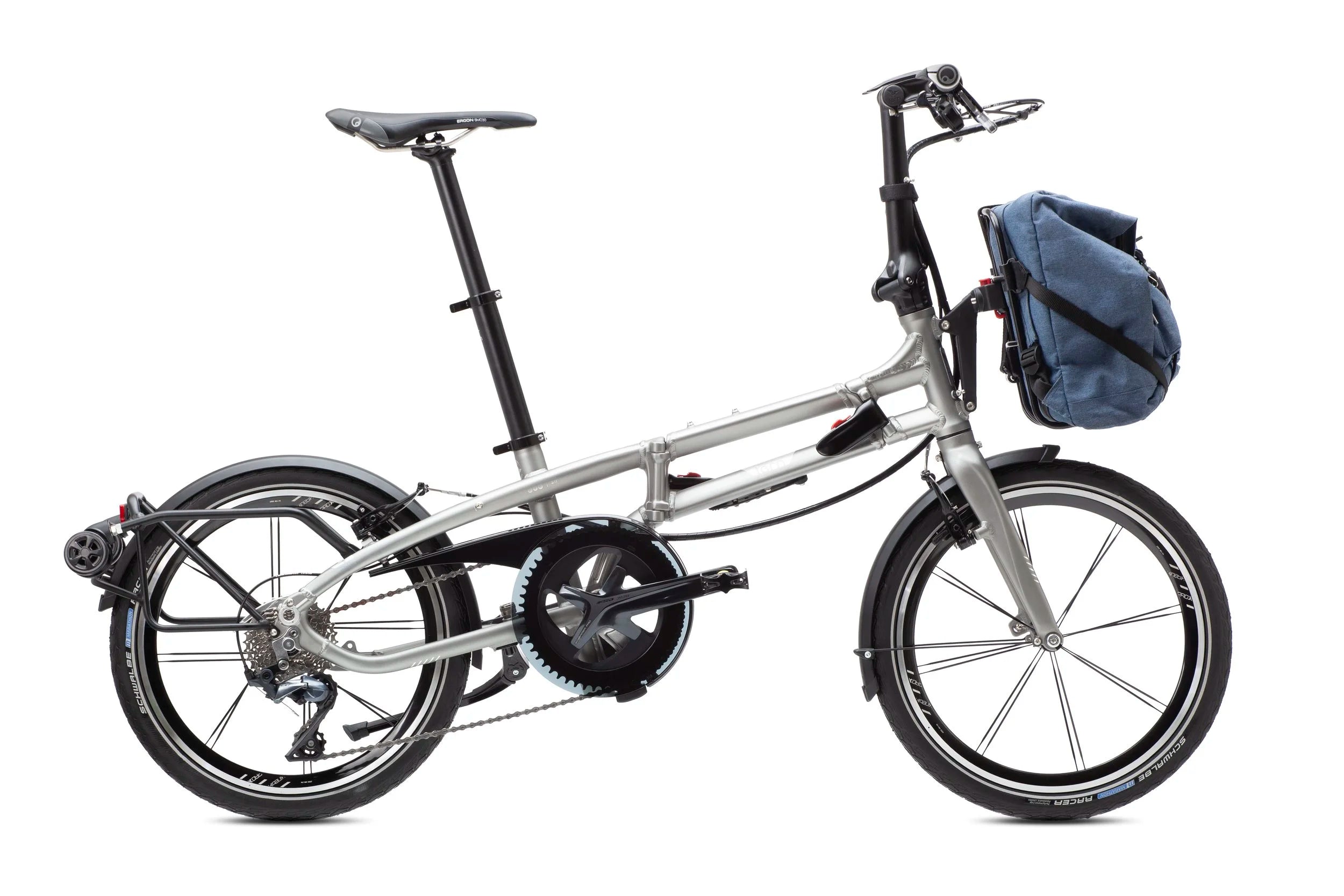 Foldable bicycle with a blue bag on the front on a white background
