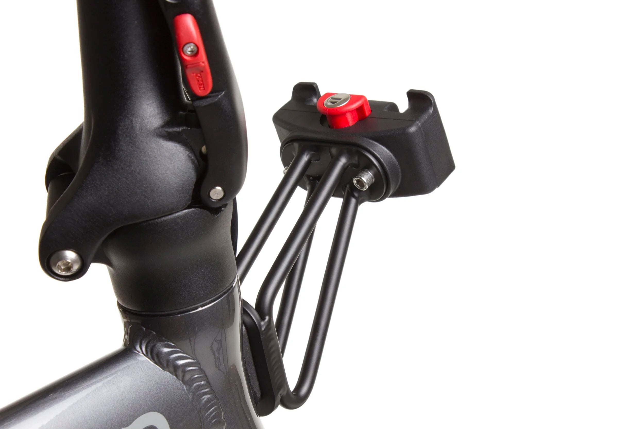 Close-up of a bicycle handlebar with a quick release lever and red buttons on a white background
