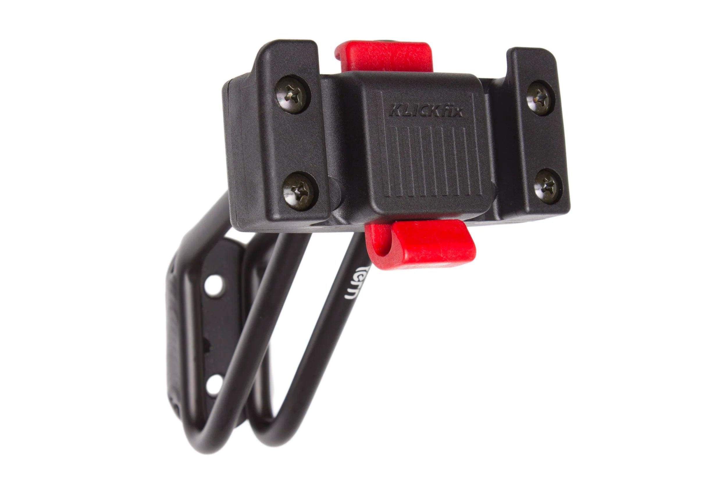 Black and red bicycle bag mount with 'Klickfix' branding on a white background