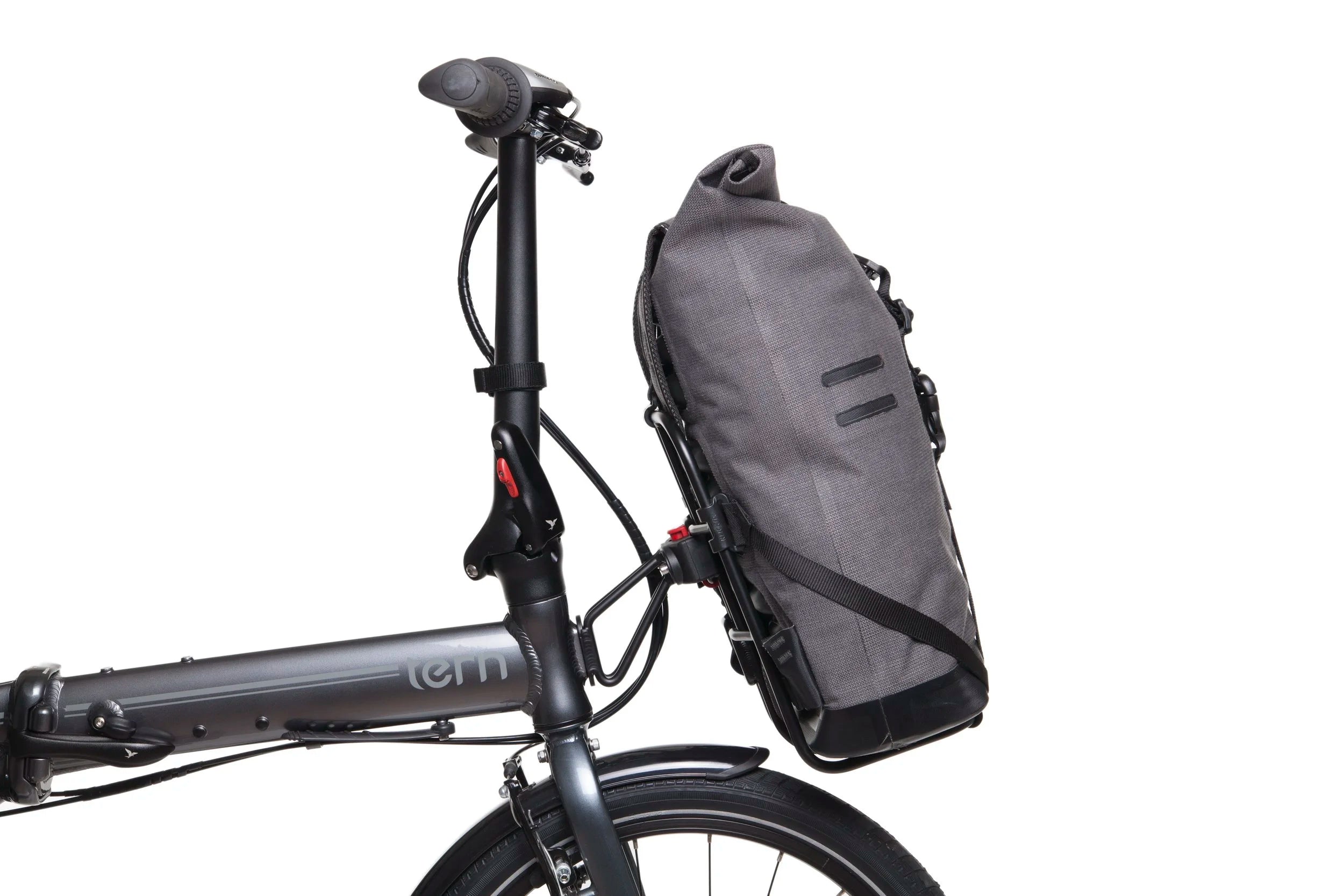 Bicycle with a gray bag attached to the front on a white background