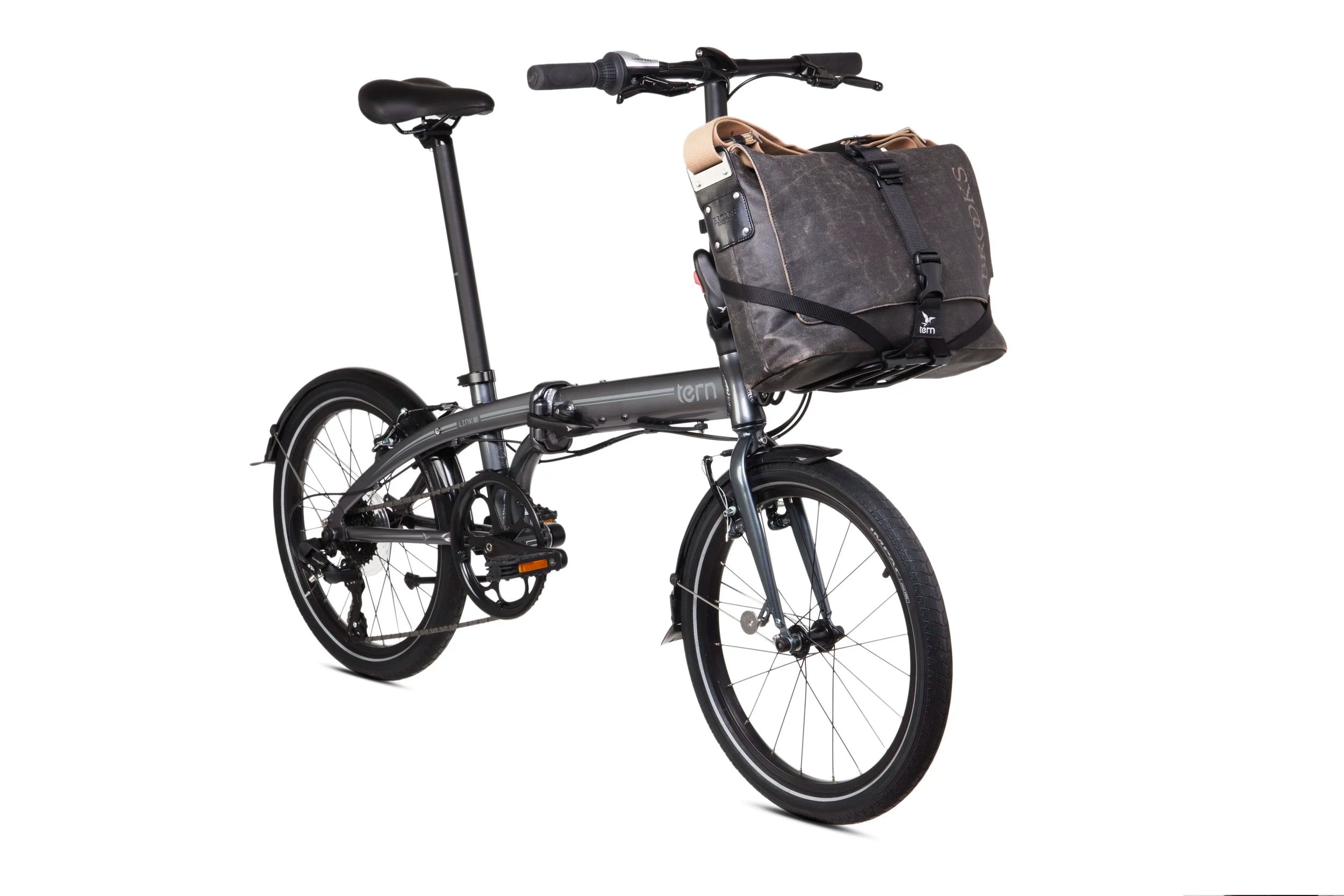 Folding bicycle with a bag on a white background