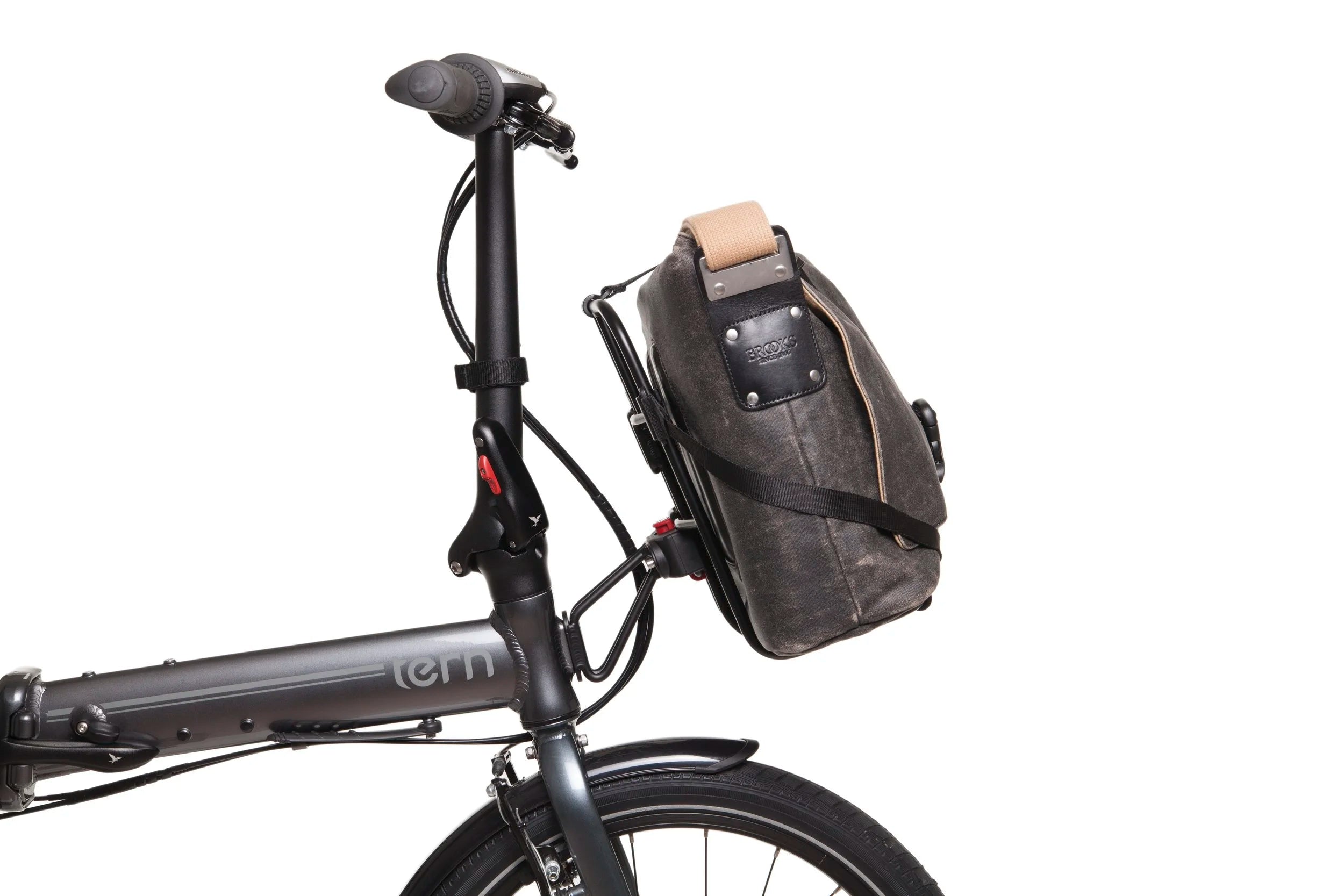 Black electric bike with a front storage bag on a white background