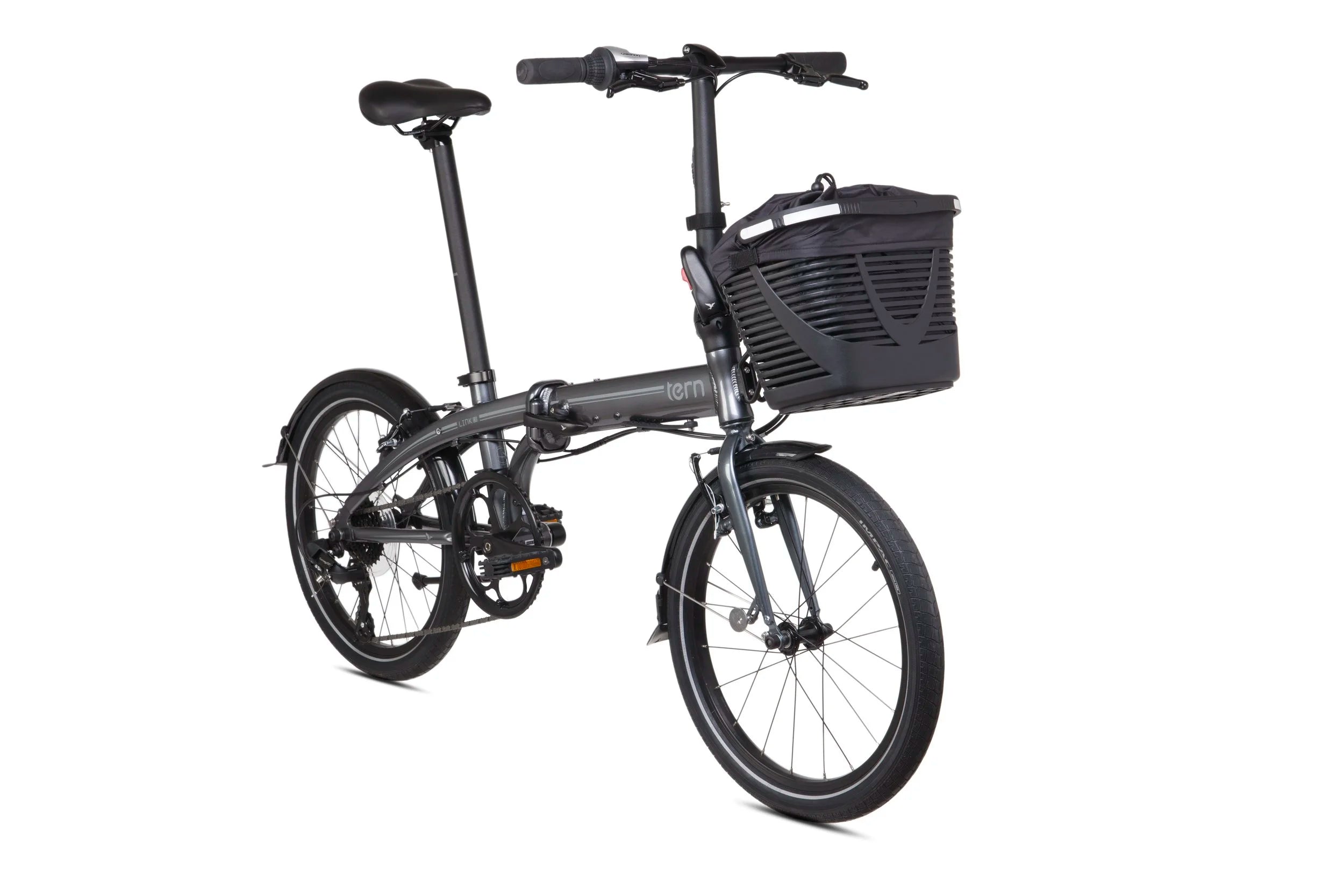 Black folding bicycle with a basket on a white background