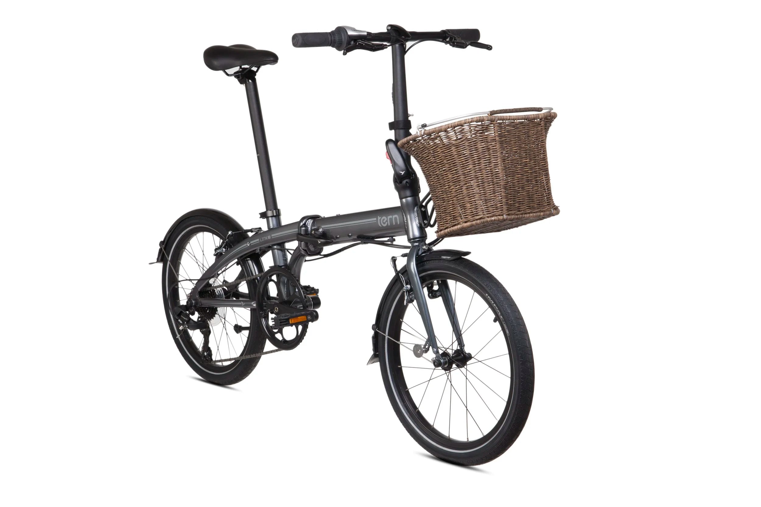 Folding bicycle with a basket on a white background