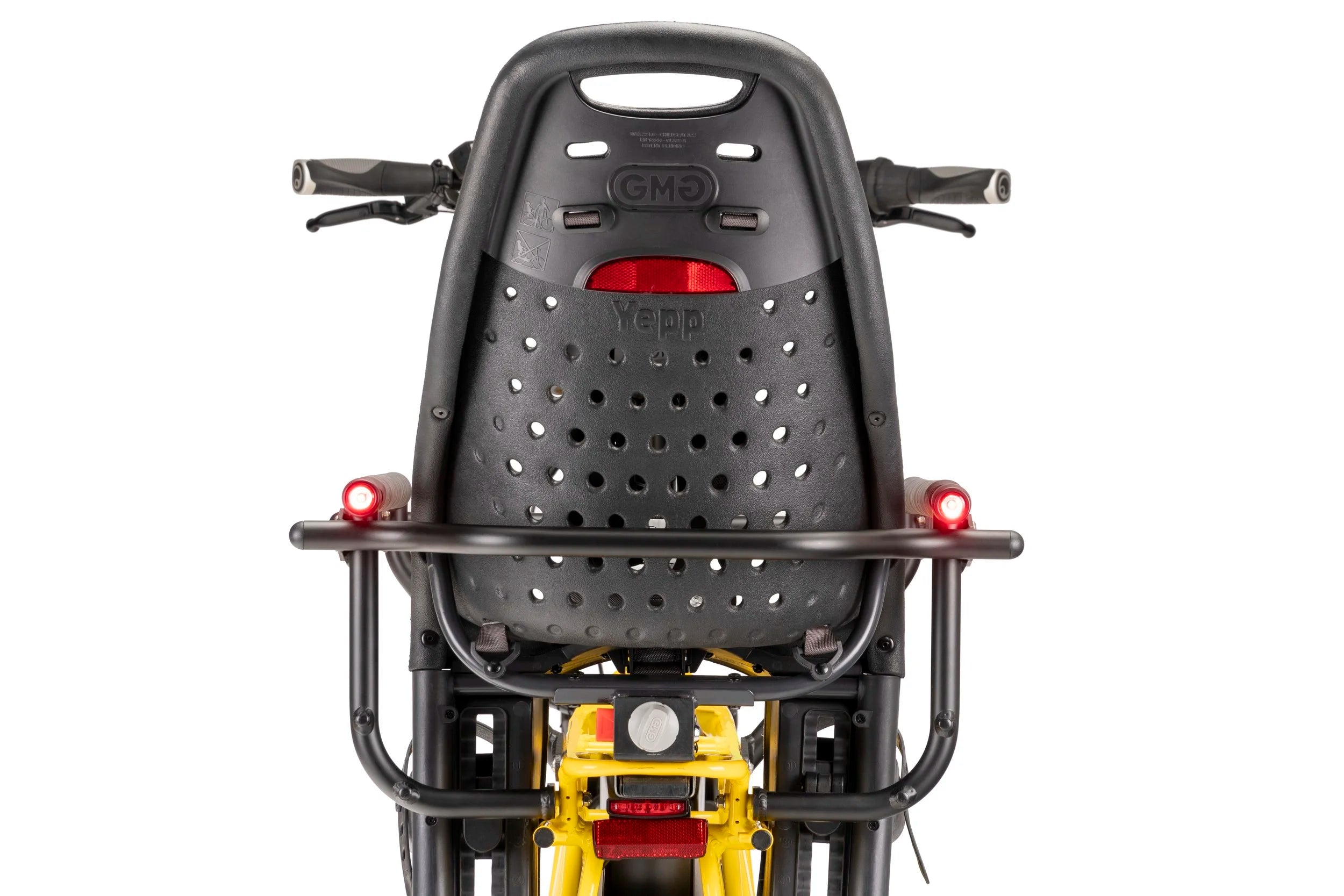 Child seat for a bicycle with visible brand logo on a white background