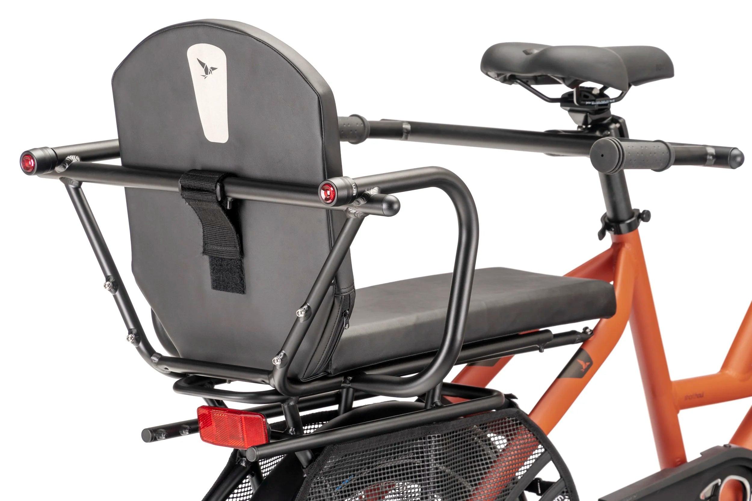 Bicycle seat with child seat attachment on a white background