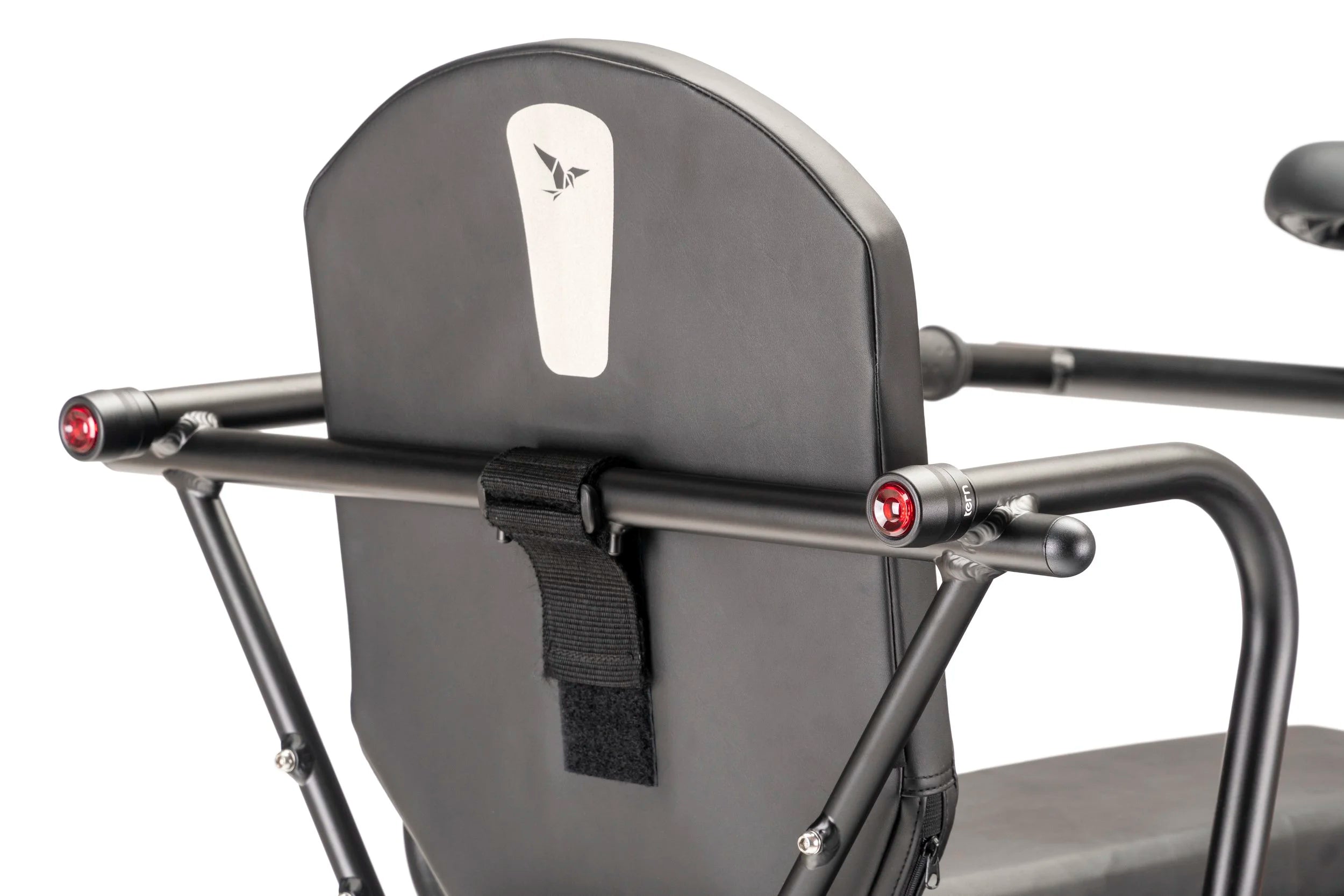 Gray child seat on a bike with backrest and armrests on a white background