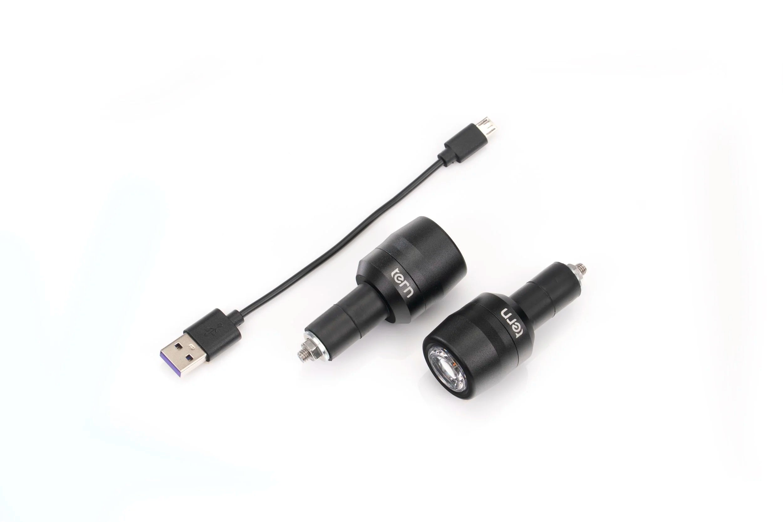 Two black LED lights with a USB cable on a white background