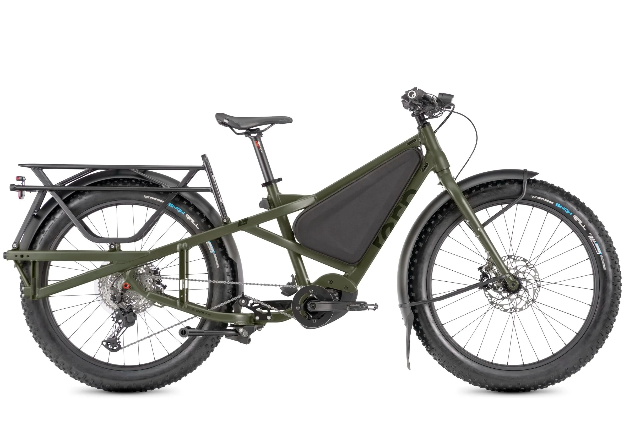 Green Tern off-road cargo bike with a large front wheel on a white background