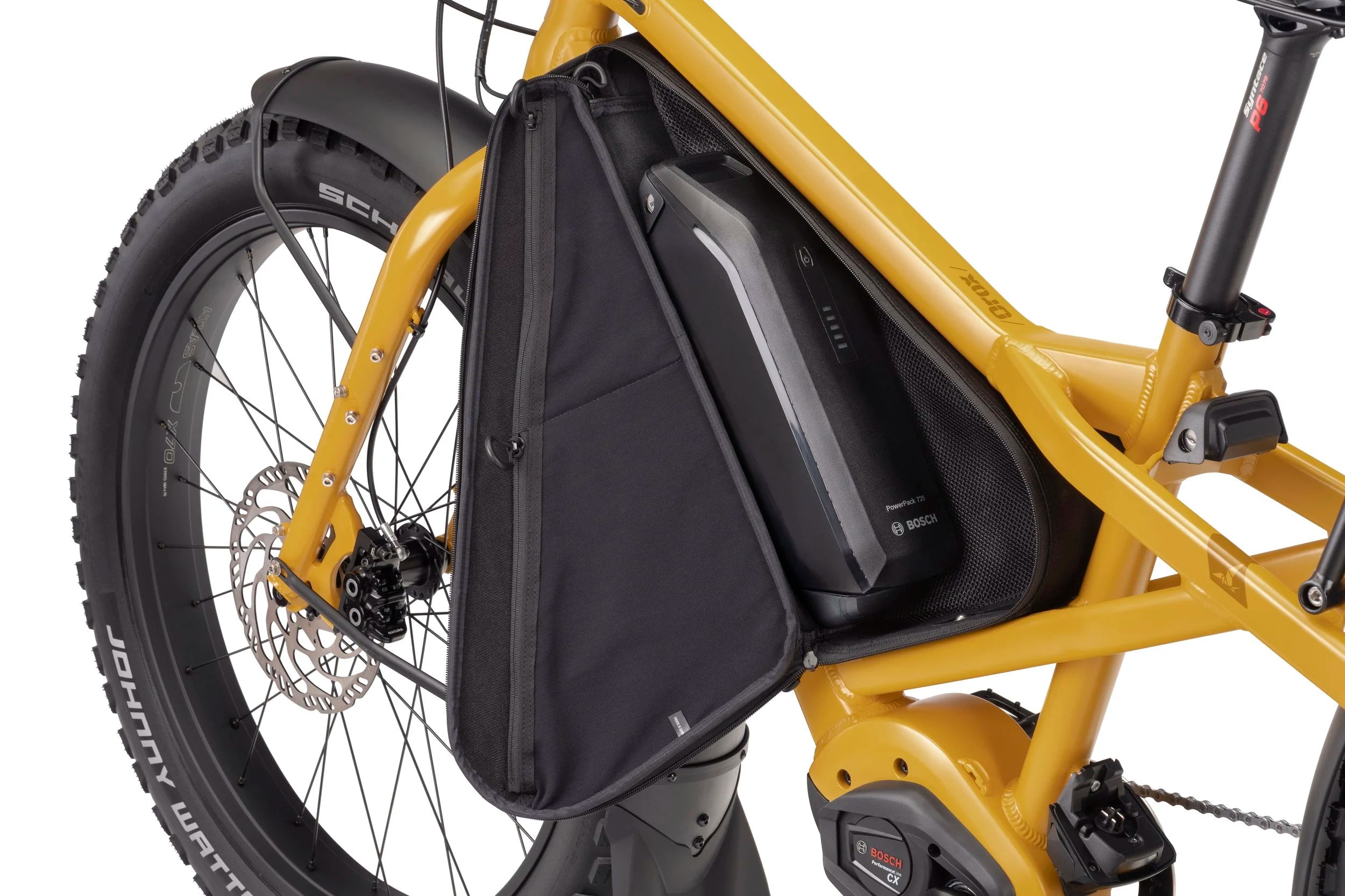 Yellow electric bike with a black storage bag attached to the frame.