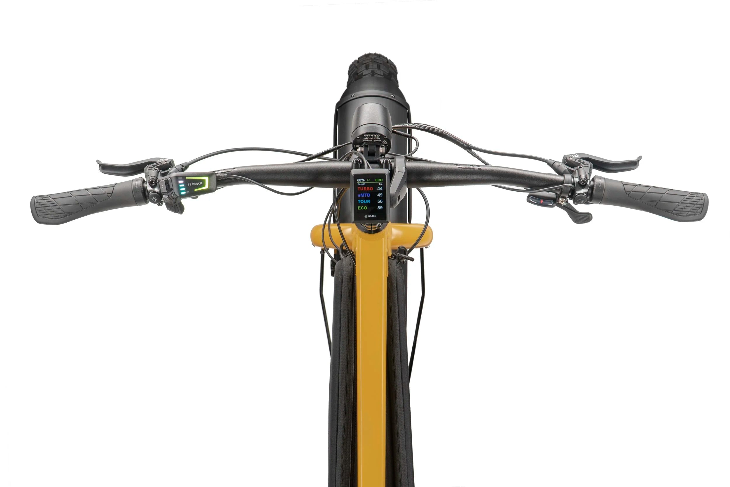 Close-up of an electric bike handlebar with a display on a white background