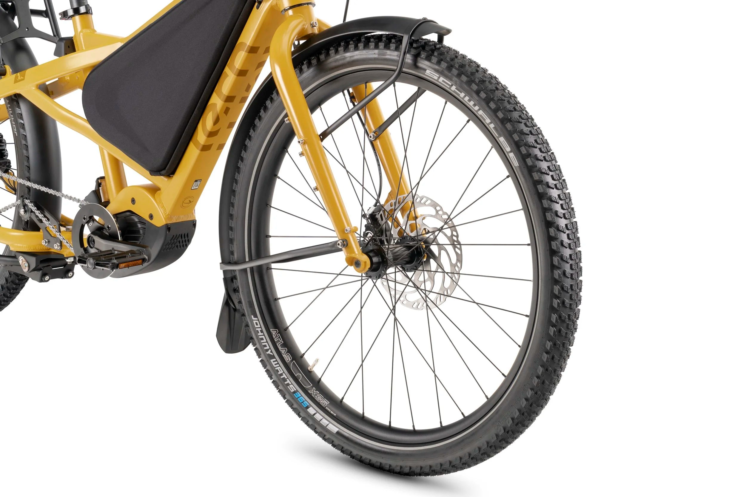 Yellow electric bike with a close-up of the wheel on a white background