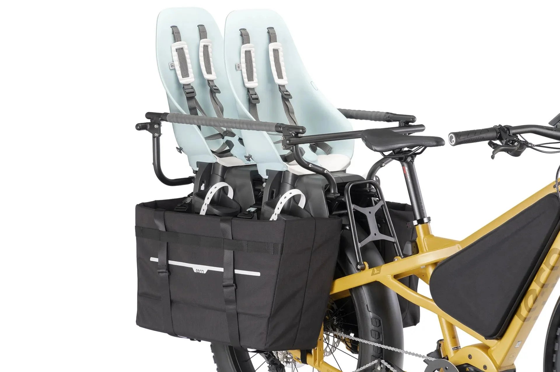 Yellow electric bike with a black basket and rear seat carrier on a white background