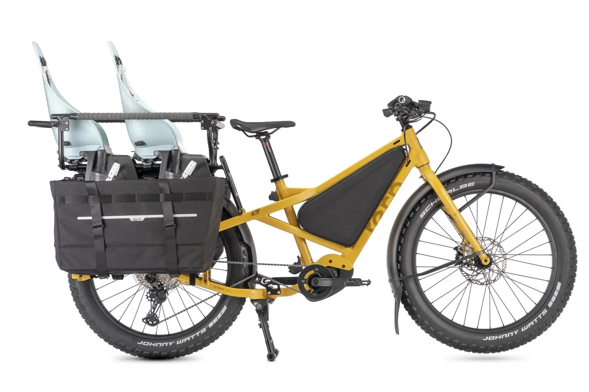 Yellow cargo bike with black panniers and a child seat on a white background