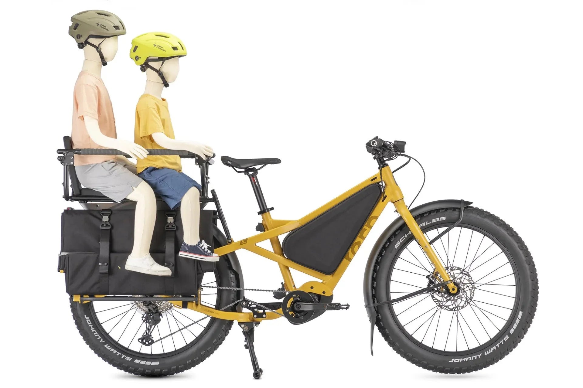 Yellow Tern Orox bicycle with two mannequins wearing helmets on a white background