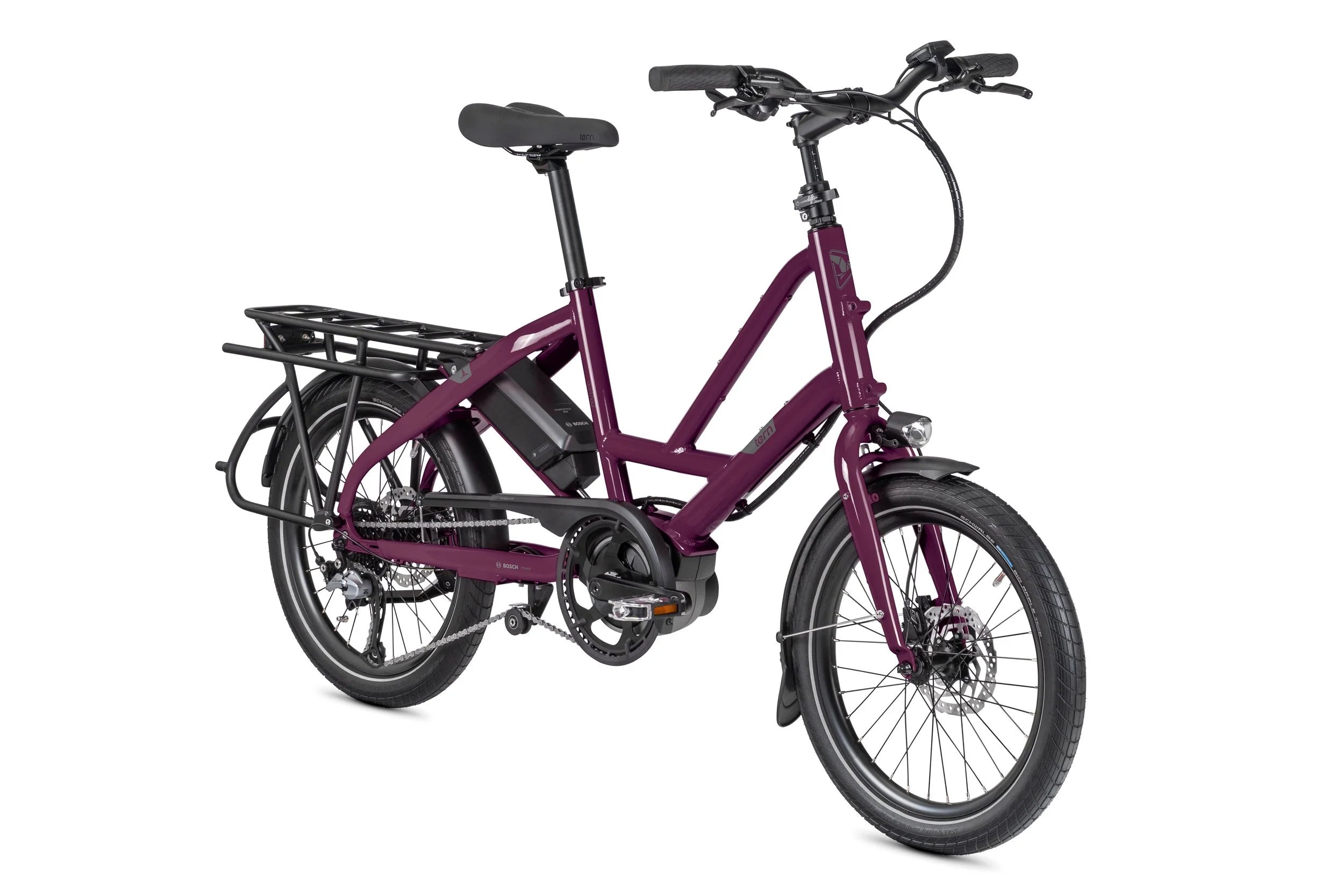 Purple electric bike with a black seat on a white background