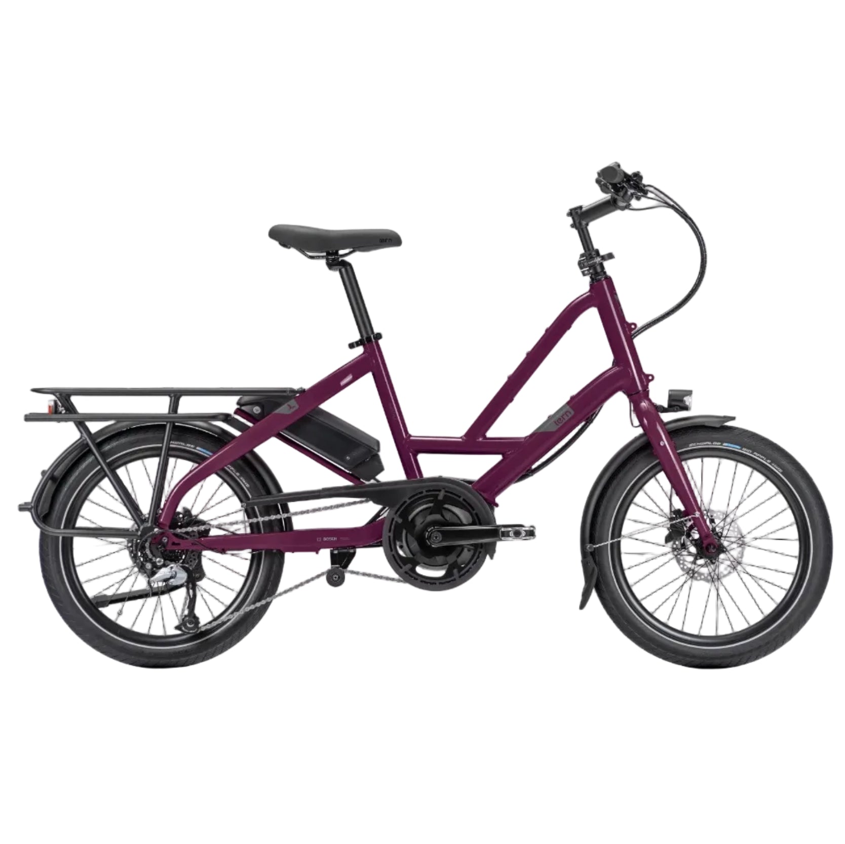 Purple cargo bike with black accents on a white background