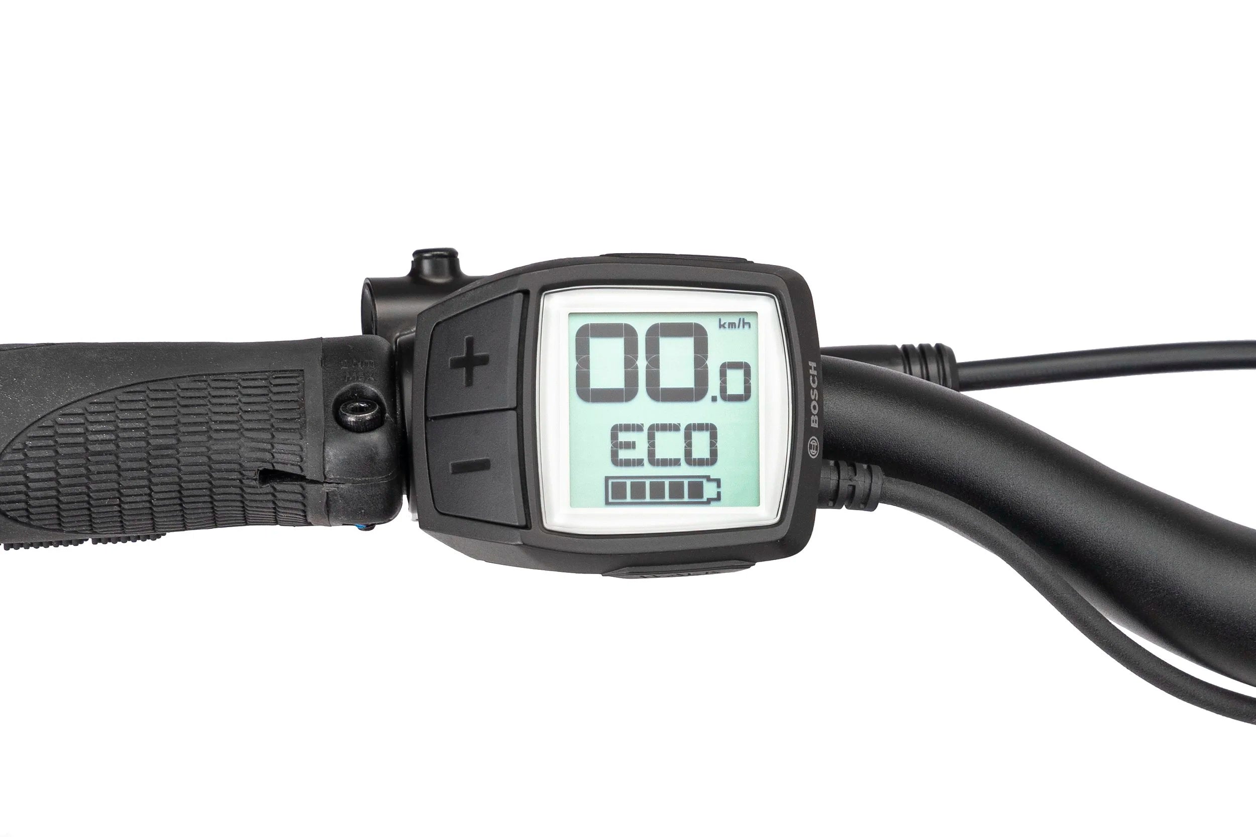 Close-up of a digital display on a bike handlebar with '00.0' and 'ECO' text.