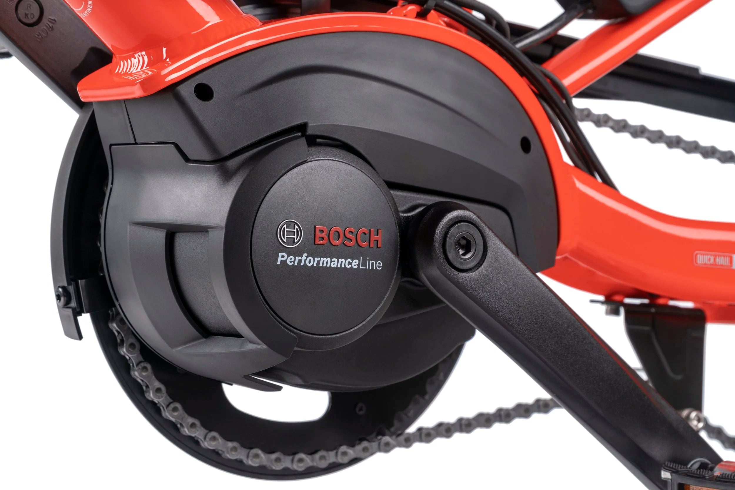 Bosch PerformanceLine motor on a Tern electric bicycle with a white background
