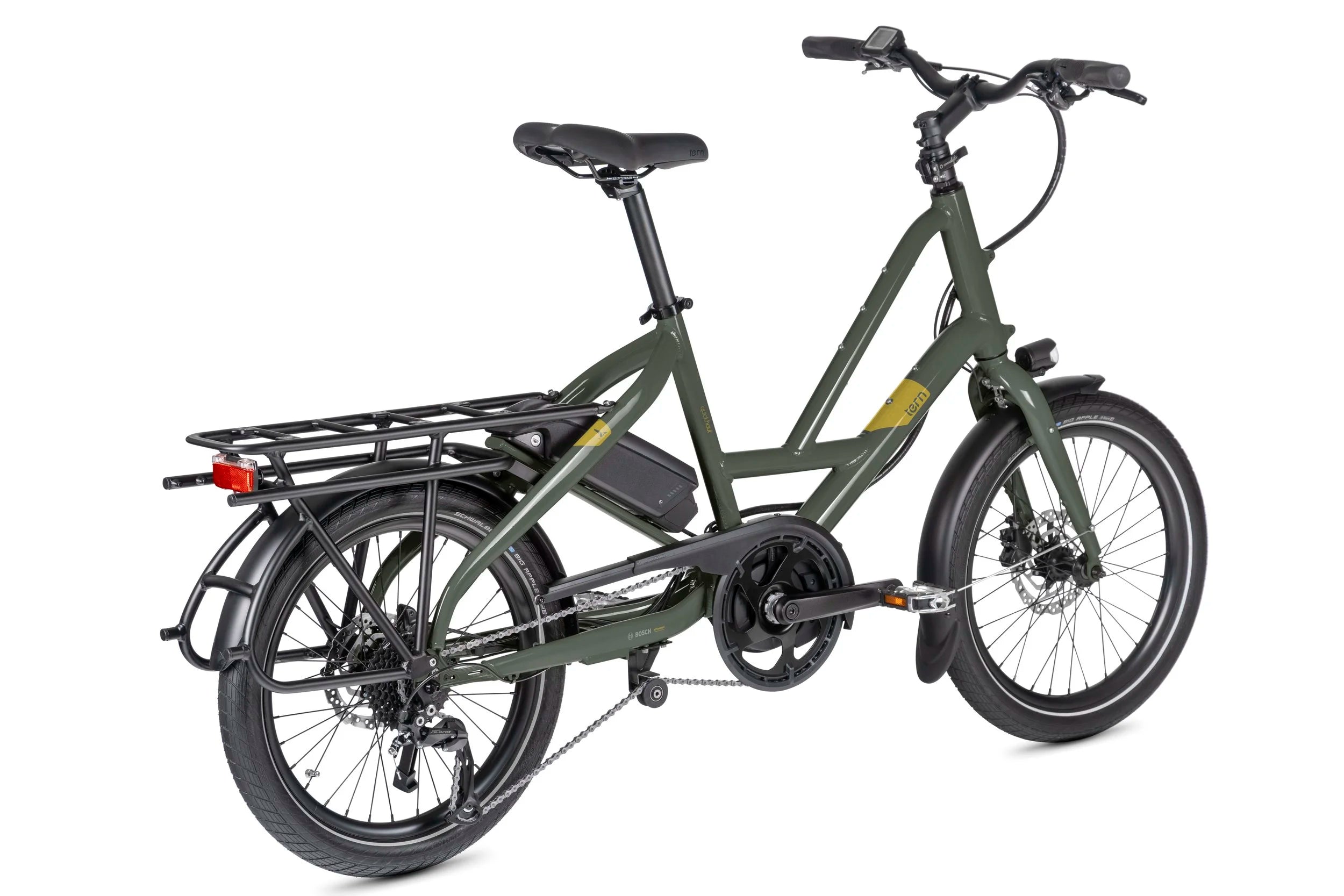Green Tern electric bicycle with a rear rack on a white background