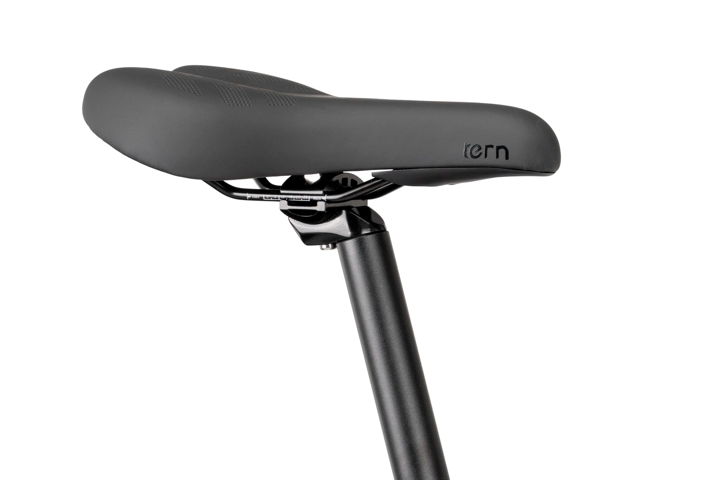 Black bicycle seat with 'tern' branding on a white background