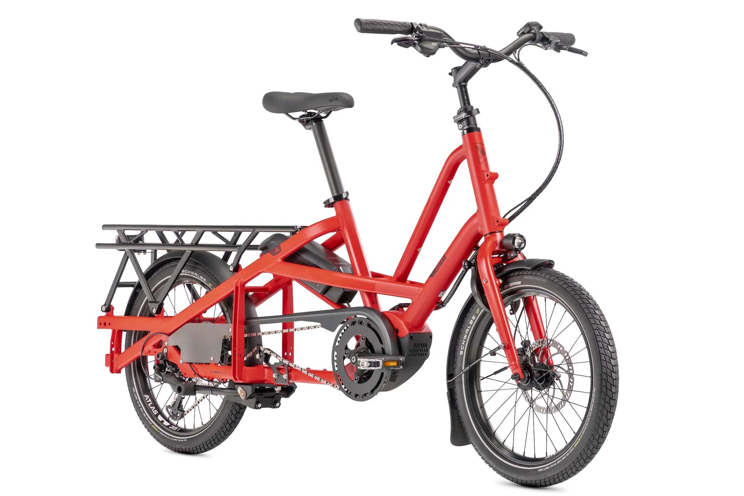 Red cargo bike with a black seat on a white background