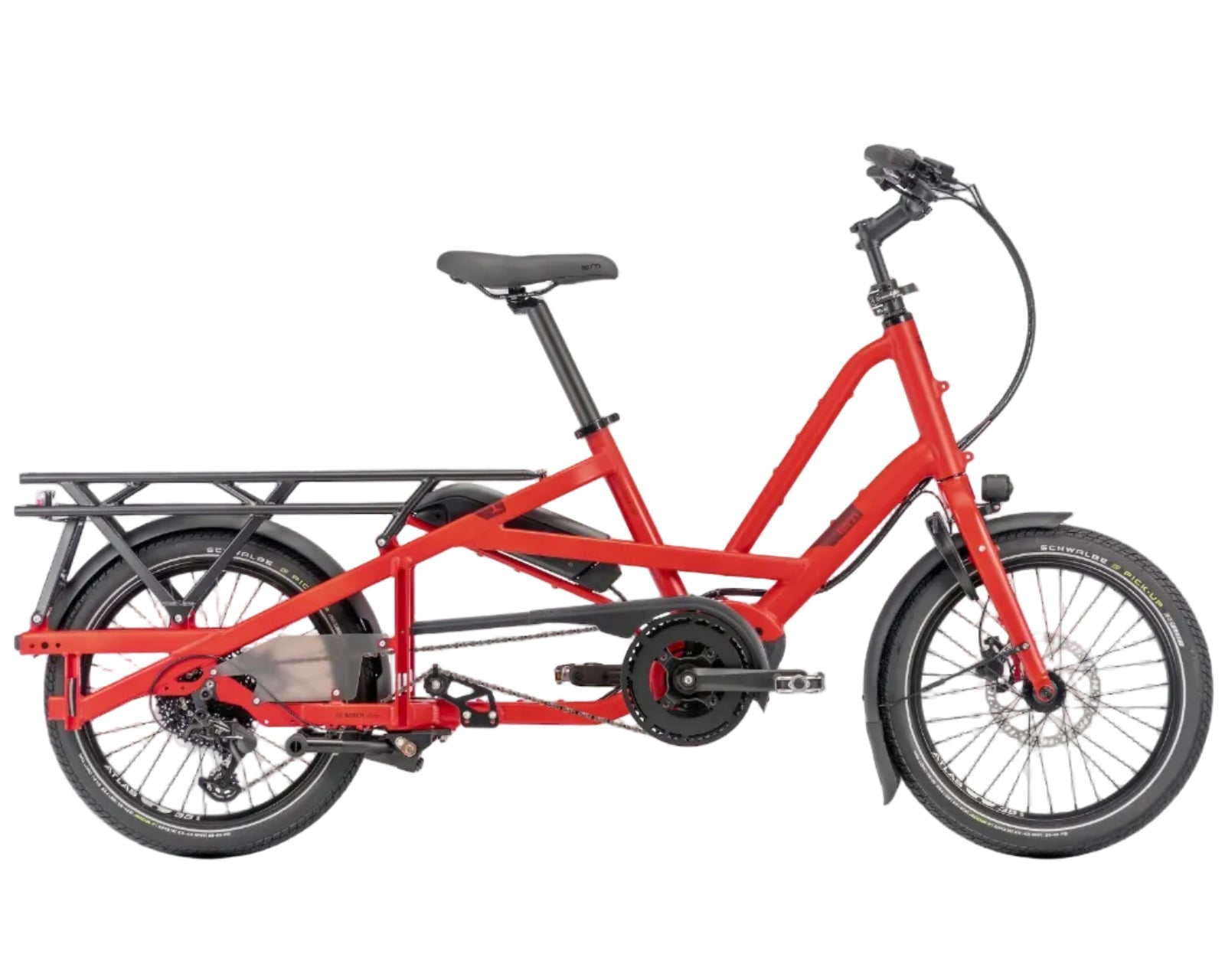 Red cargo bike with black components on a white background