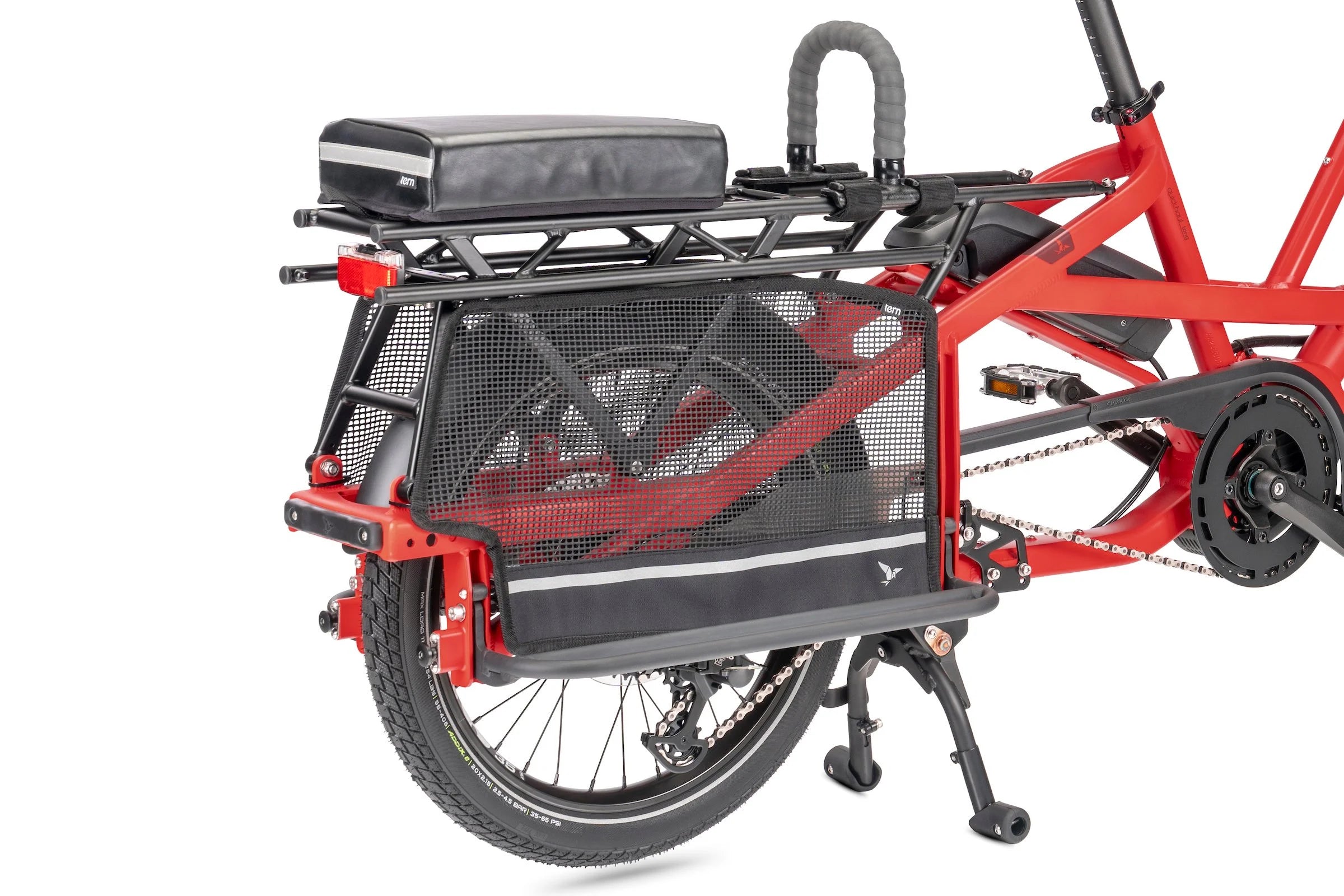 Red cargo bike with black accessories on a white background