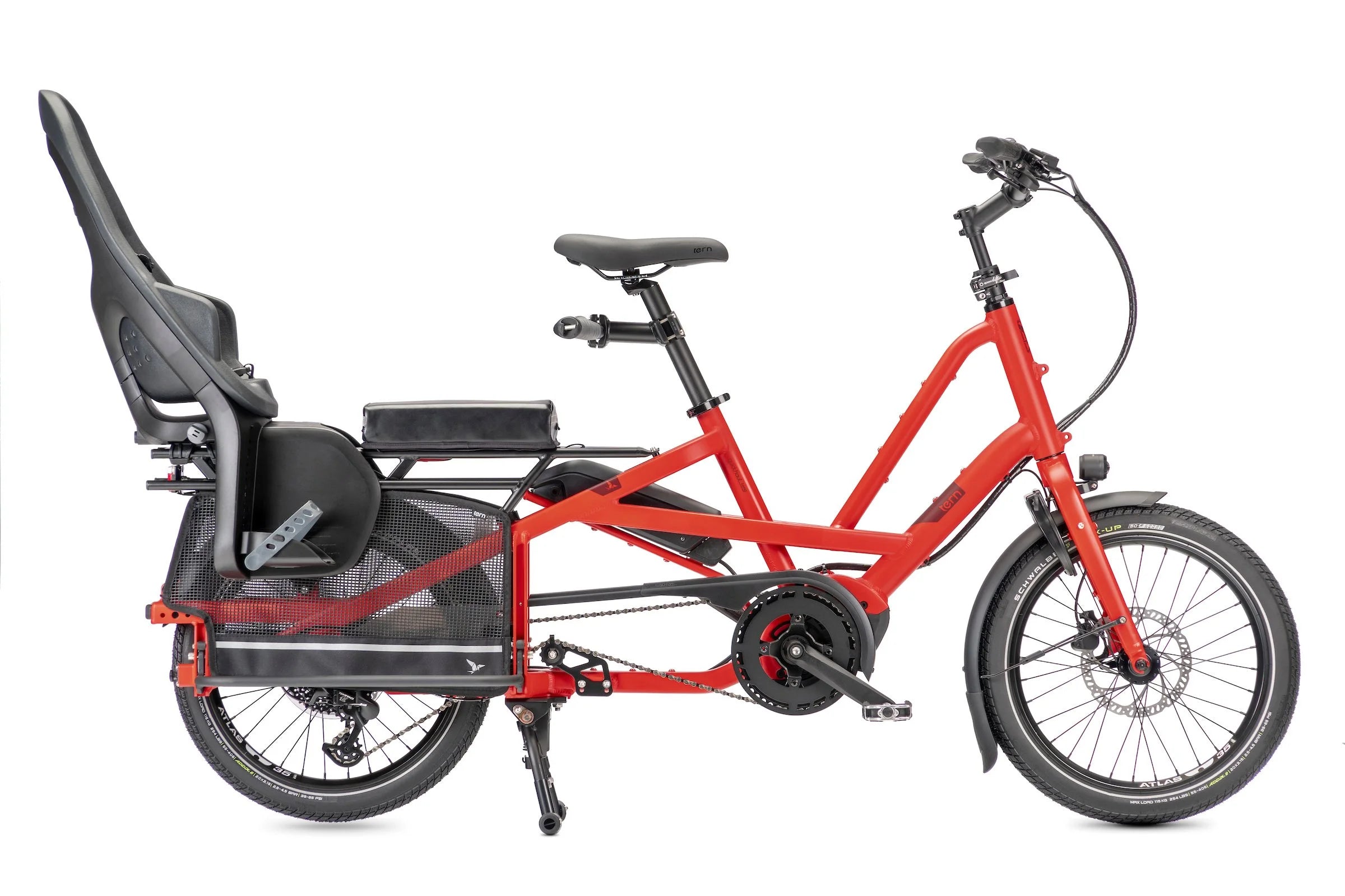 Red cargo bike with a black chikd seat on a white background